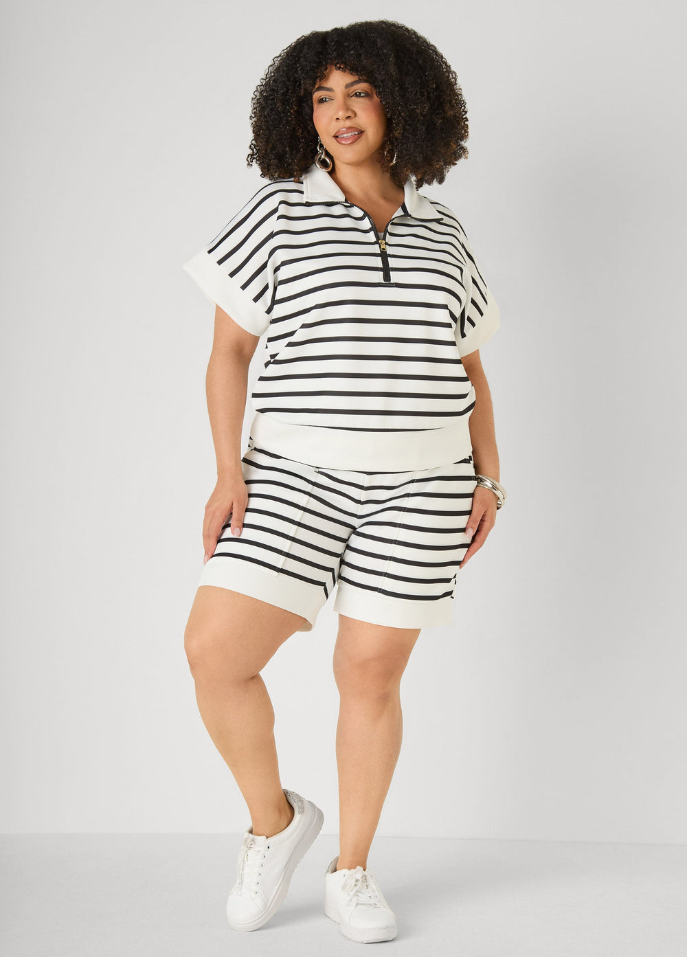 Striped Athletic Knit Shorts Egret | Ashley Stewart