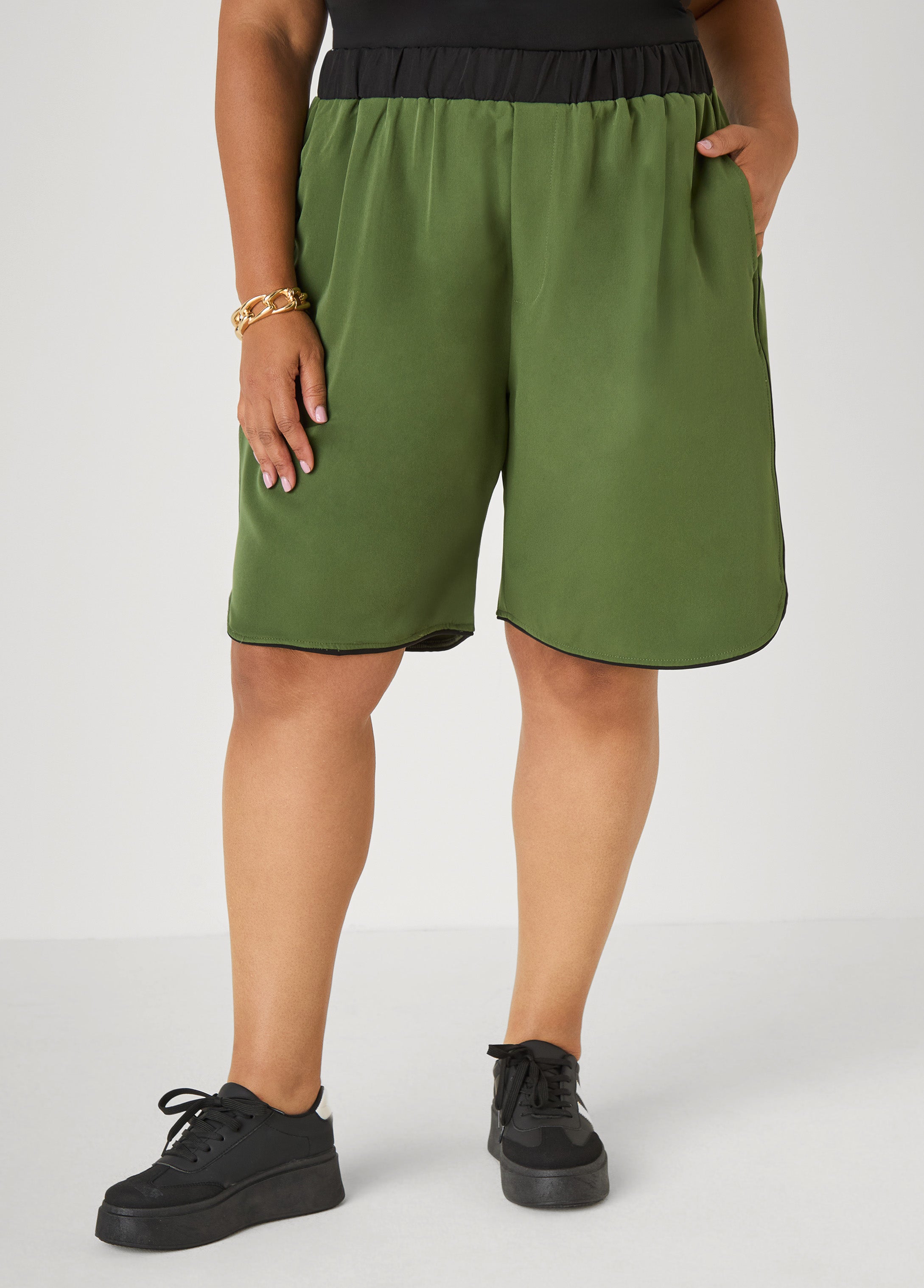 Piped Bermuda Shorts Dark Green | Ashley Stewart