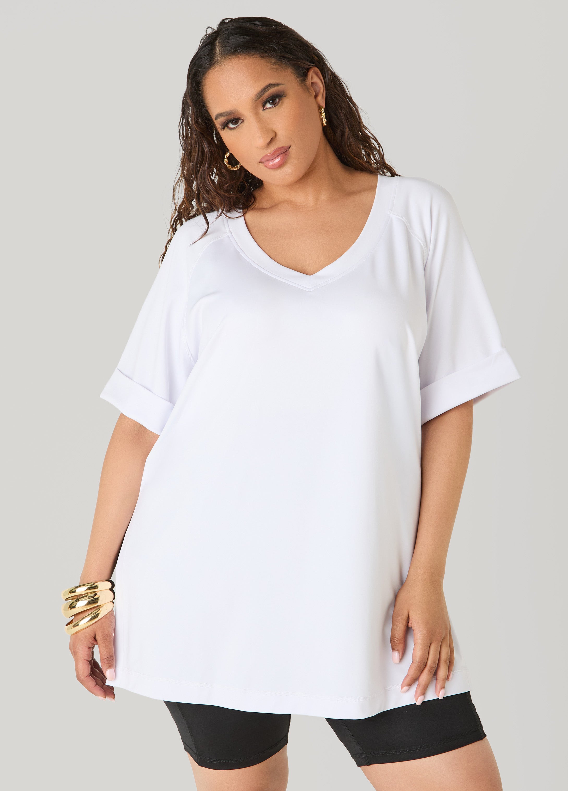 Athletic Knit Side Split Top White | Ashley Stewart