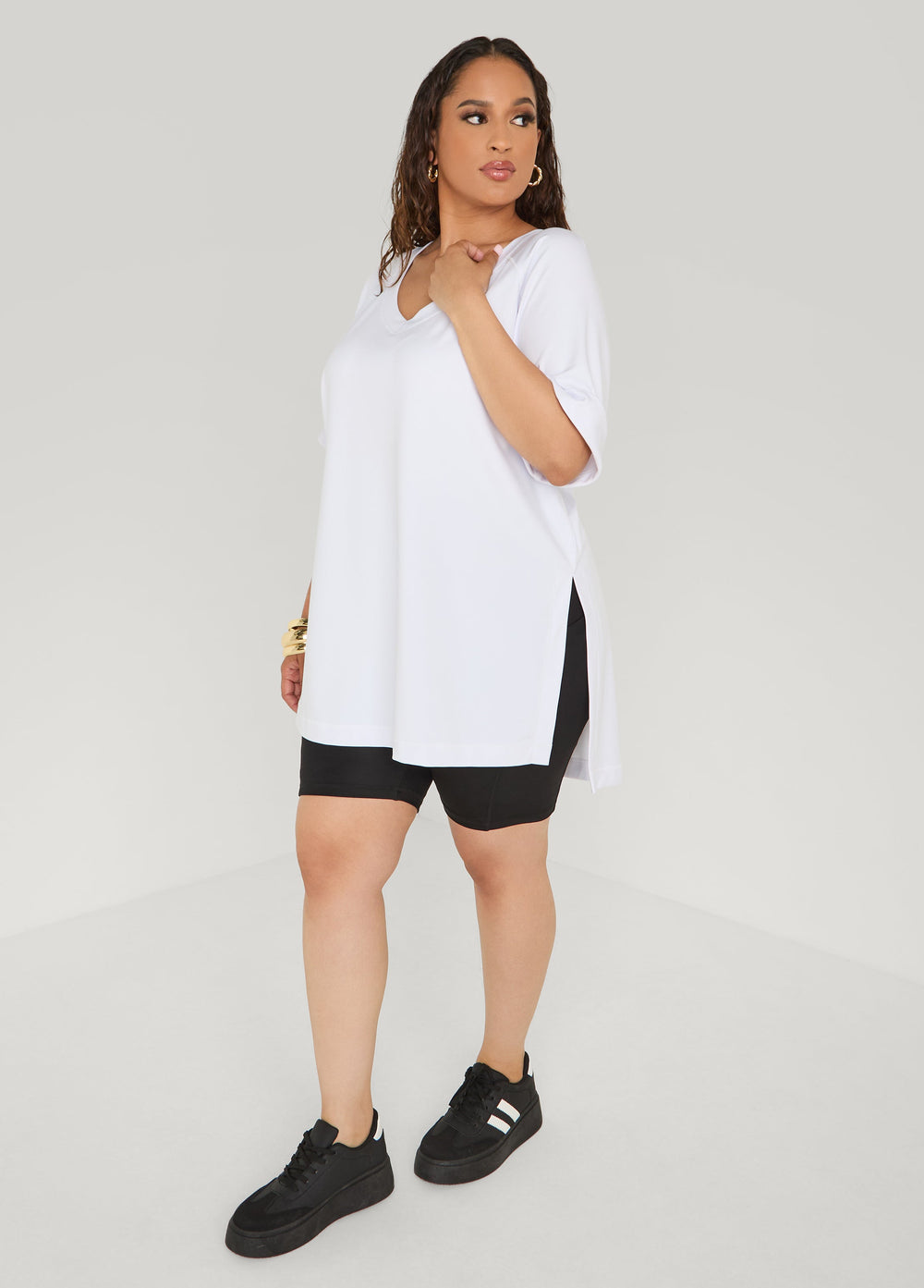 Athletic Knit Side Split Top White | Ashley Stewart