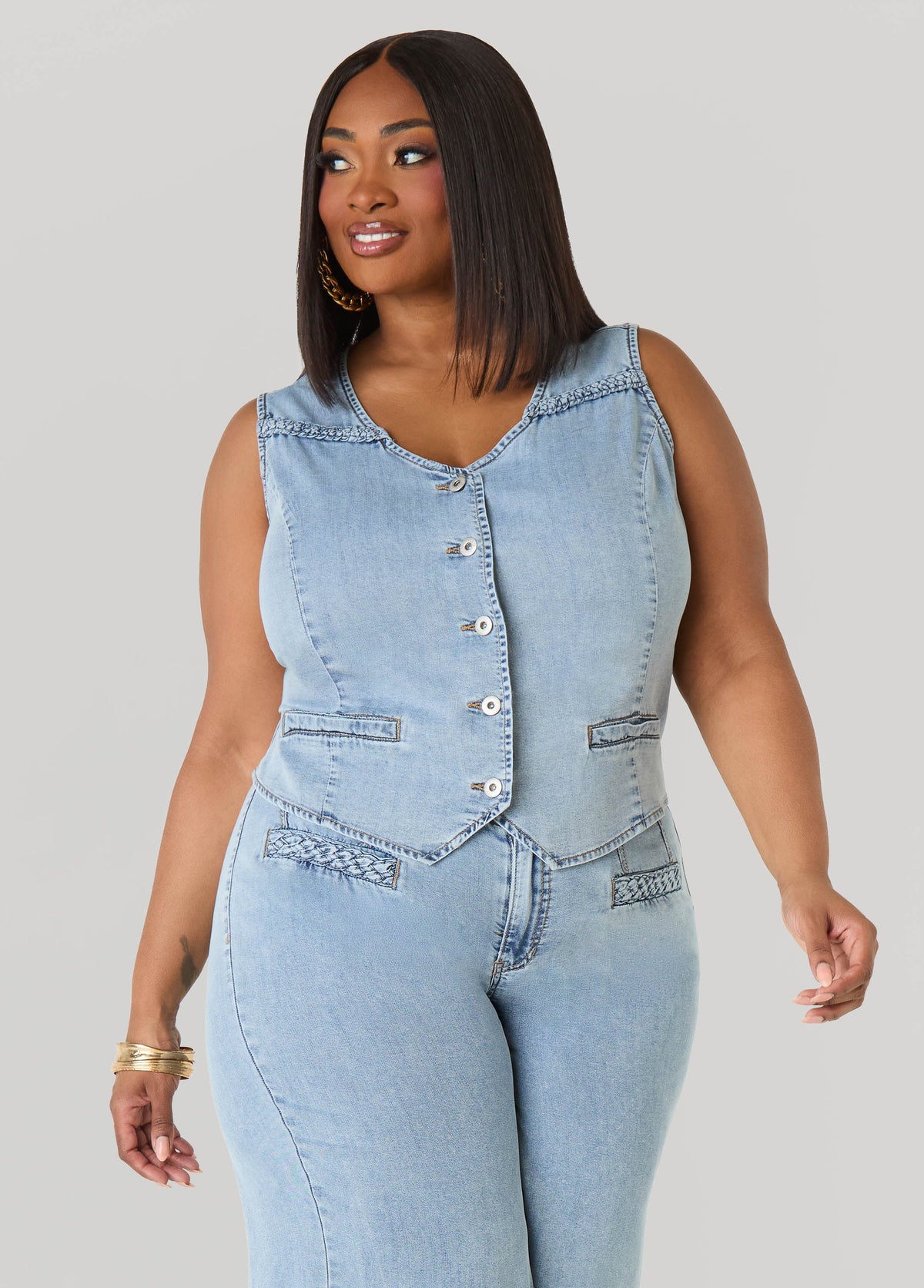Braided Chambray Vest Denim | Ashley Stewart
