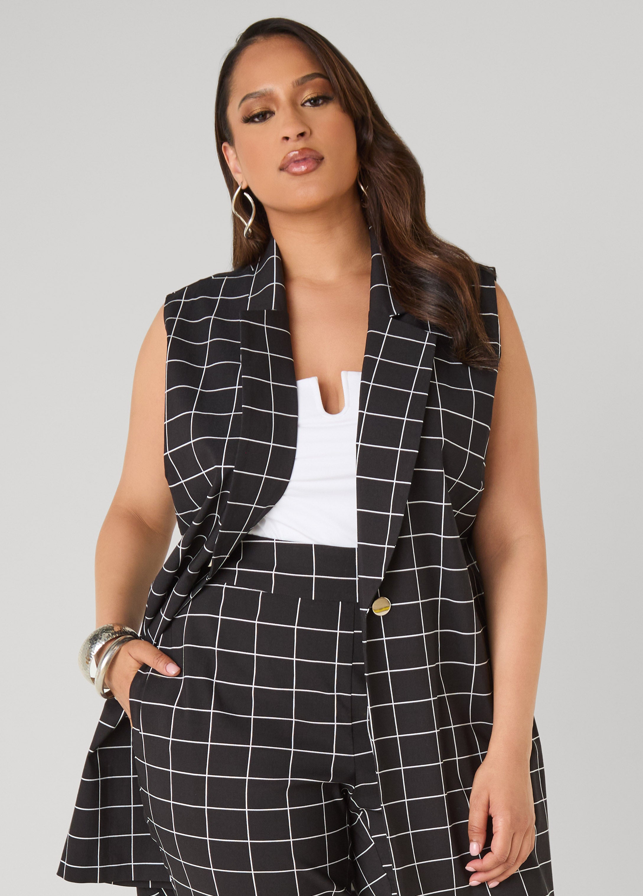 Millennium Checked Vest Black White | Ashley Stewart