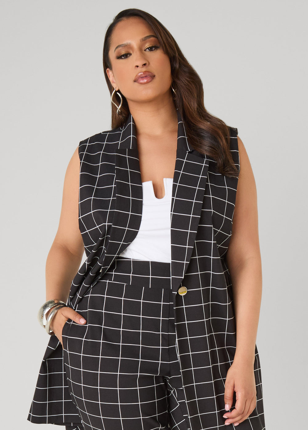 Millennium Checked Vest Black White | Ashley Stewart