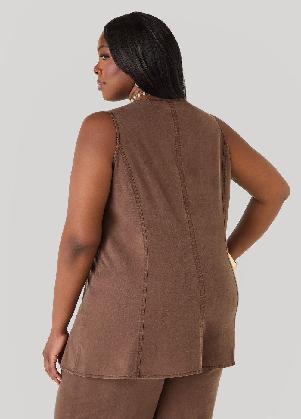 Square Neck Chambray Vest Brown | Ashley Stewart