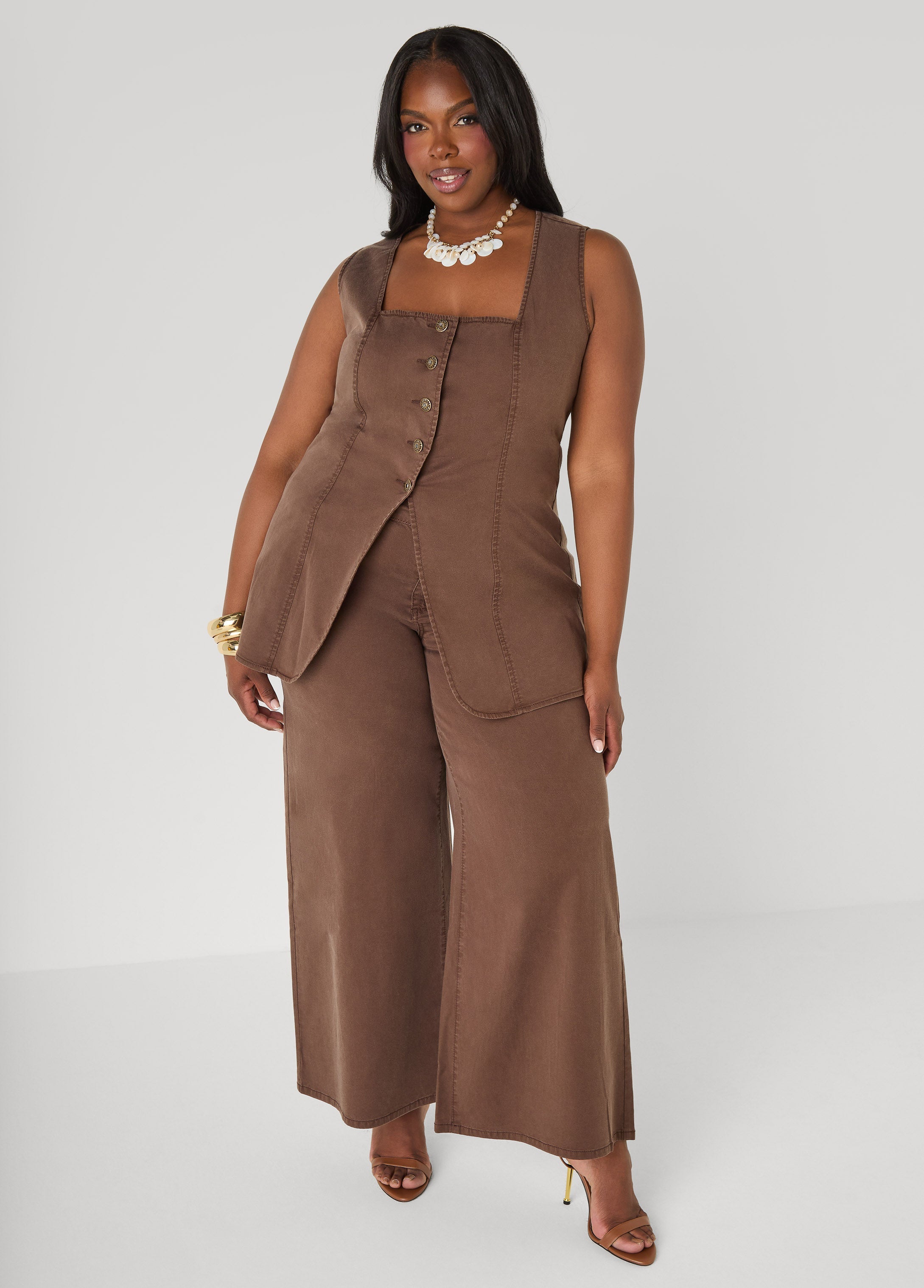 Square Neck Chambray Vest Brown | Ashley Stewart