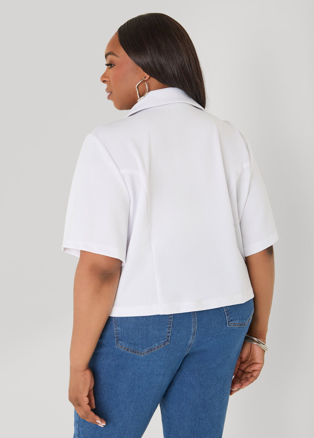 Cropped Stretch Crepe Blazer White | Ashley Stewart