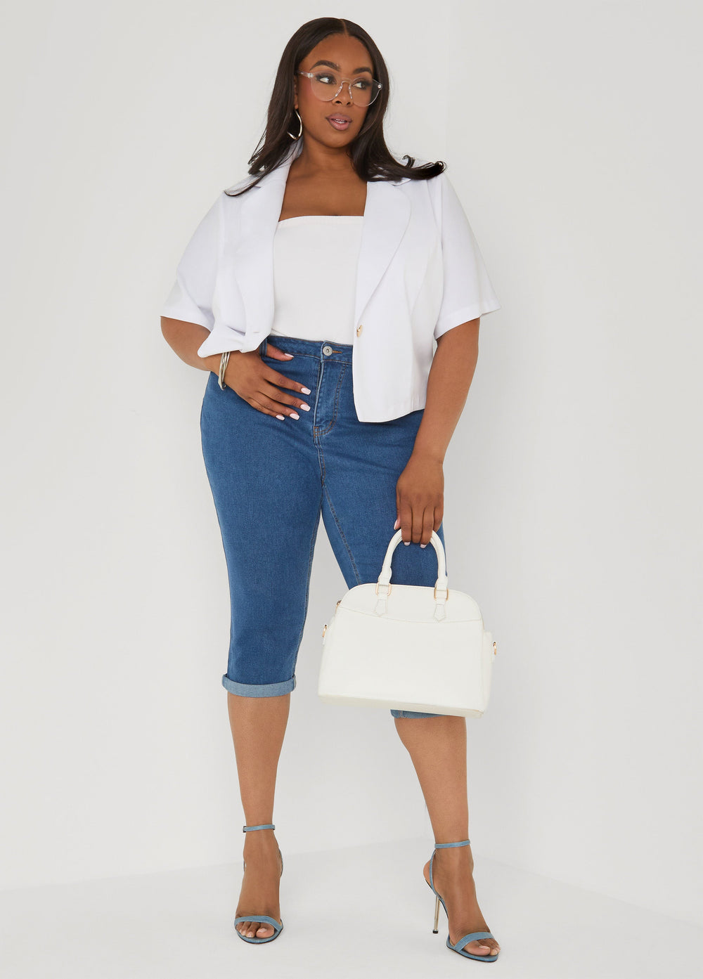 Cropped Stretch Crepe Blazer White | Ashley Stewart