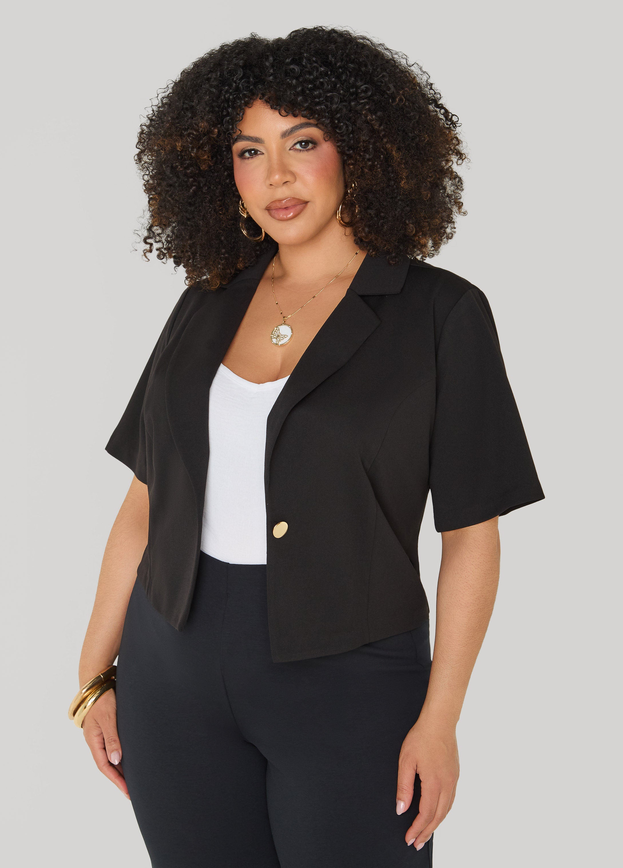 Cropped Stretch Crepe Blazer White | Ashley Stewart