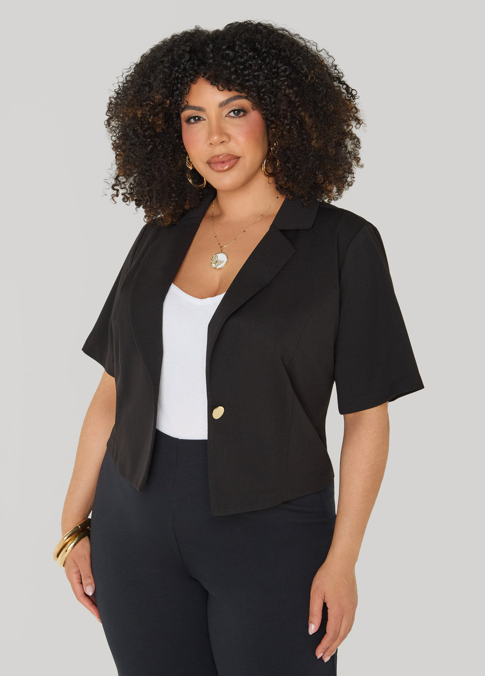 Cropped Stretch Crepe Blazer White | Ashley Stewart