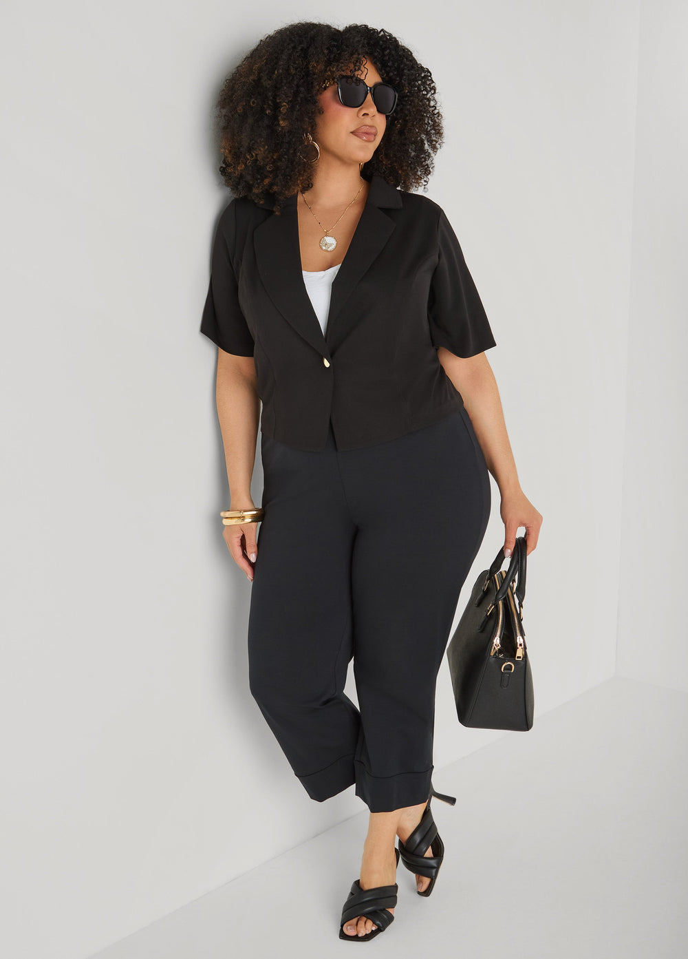 Cropped Stretch Crepe Blazer White | Ashley Stewart