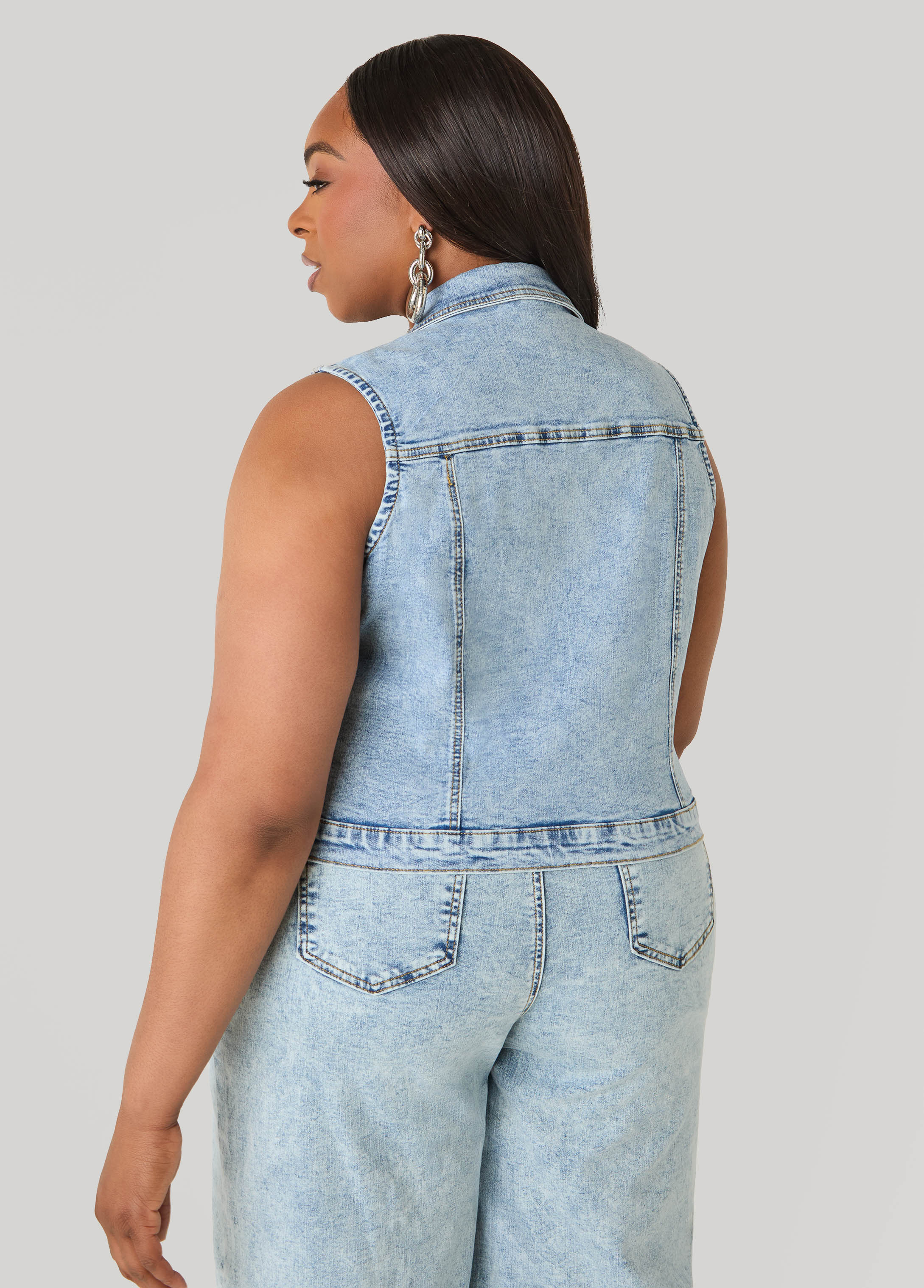 Tie Front Acid Wash Denim Vest Acid | Ashley Stewart