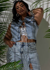 Tie Front Acid Wash Denim Vest Acid | Ashley Stewart