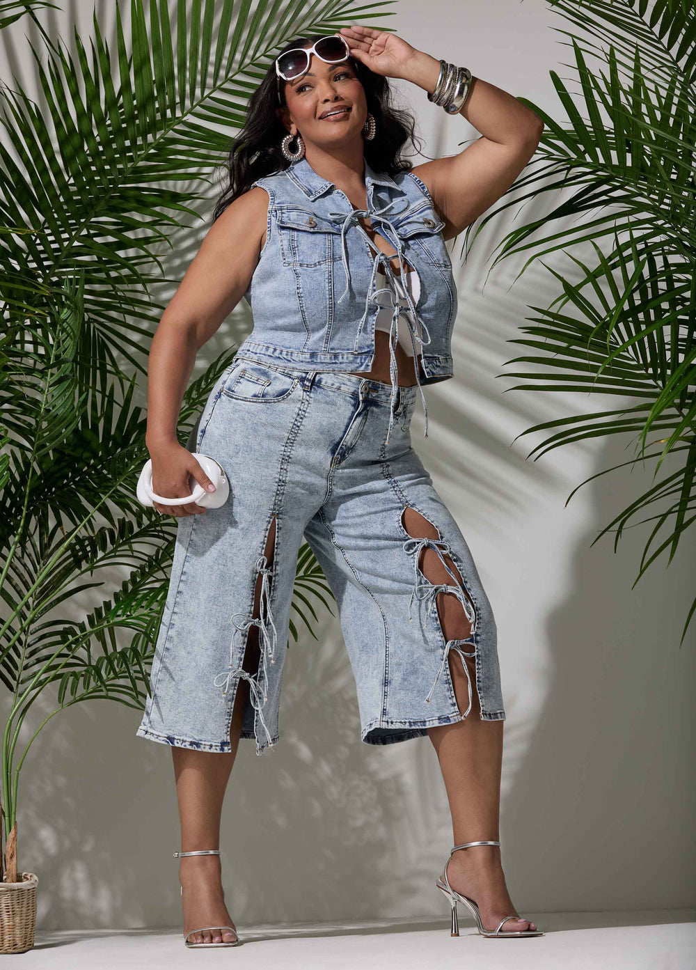 Tie Front Acid Wash Denim Vest Acid | Ashley Stewart