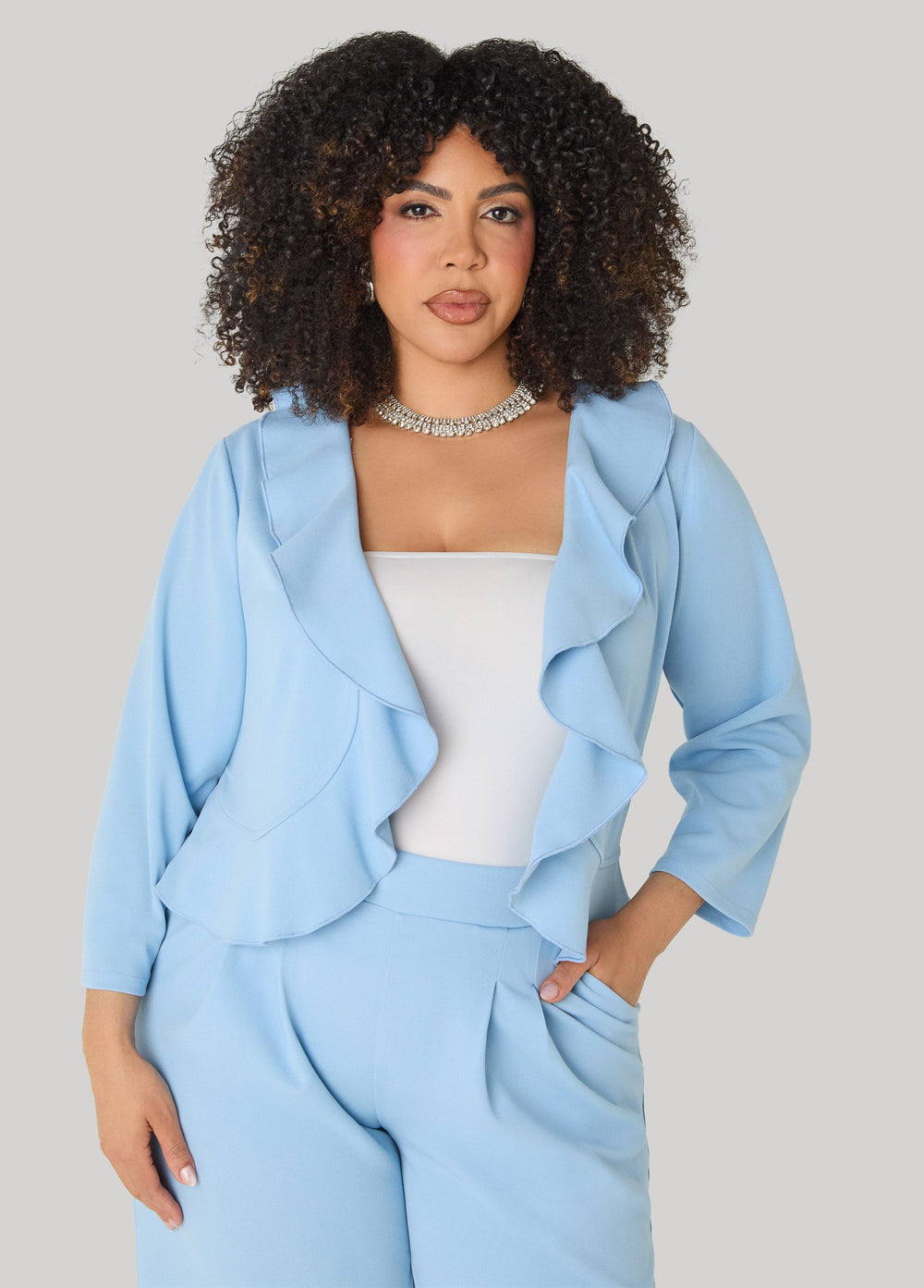 Open Front Ruffled Jacket Lime Green | Ashley Stewart