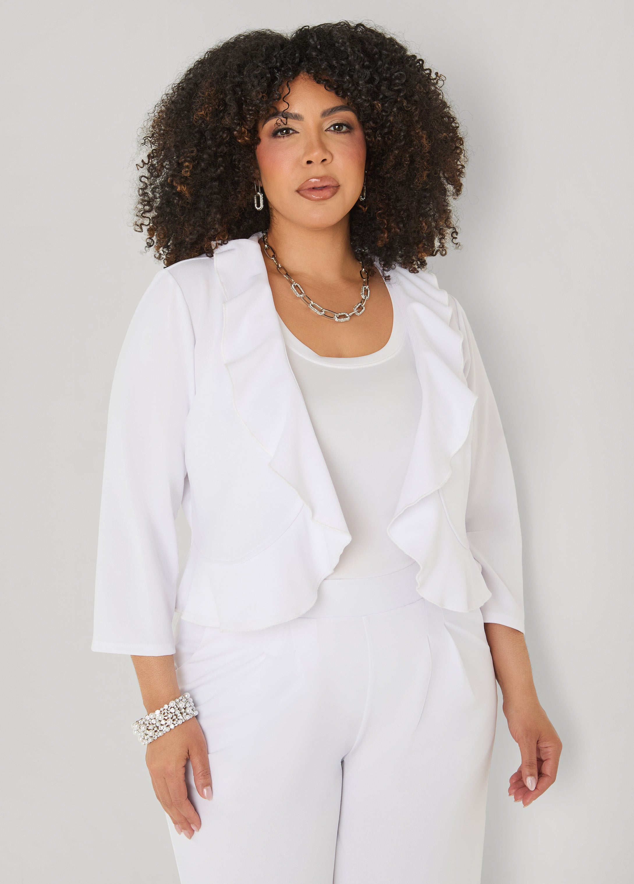 Ruffled Open Front Jacket White | Ashley Stewart