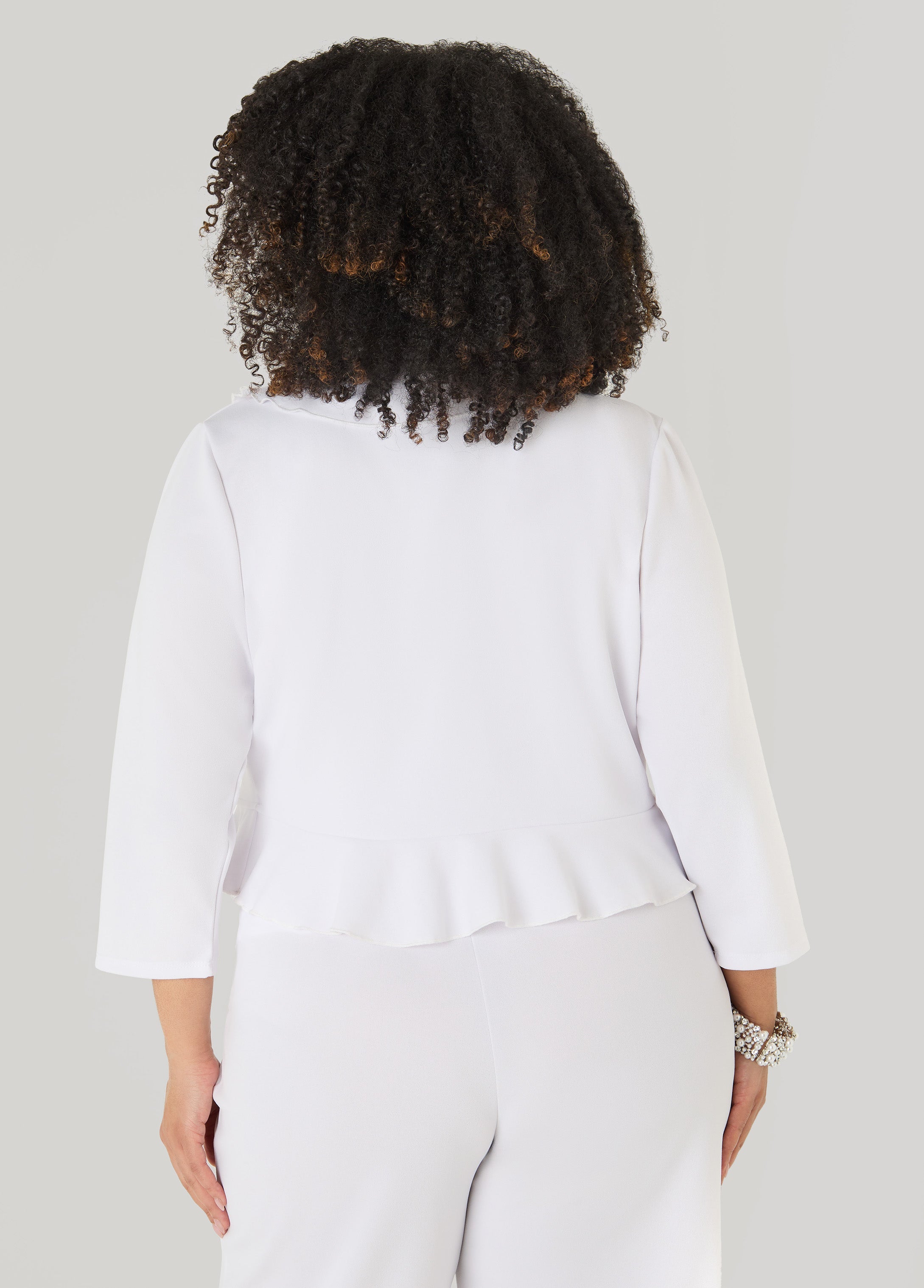 Ruffled Open Front Jacket White | Ashley Stewart