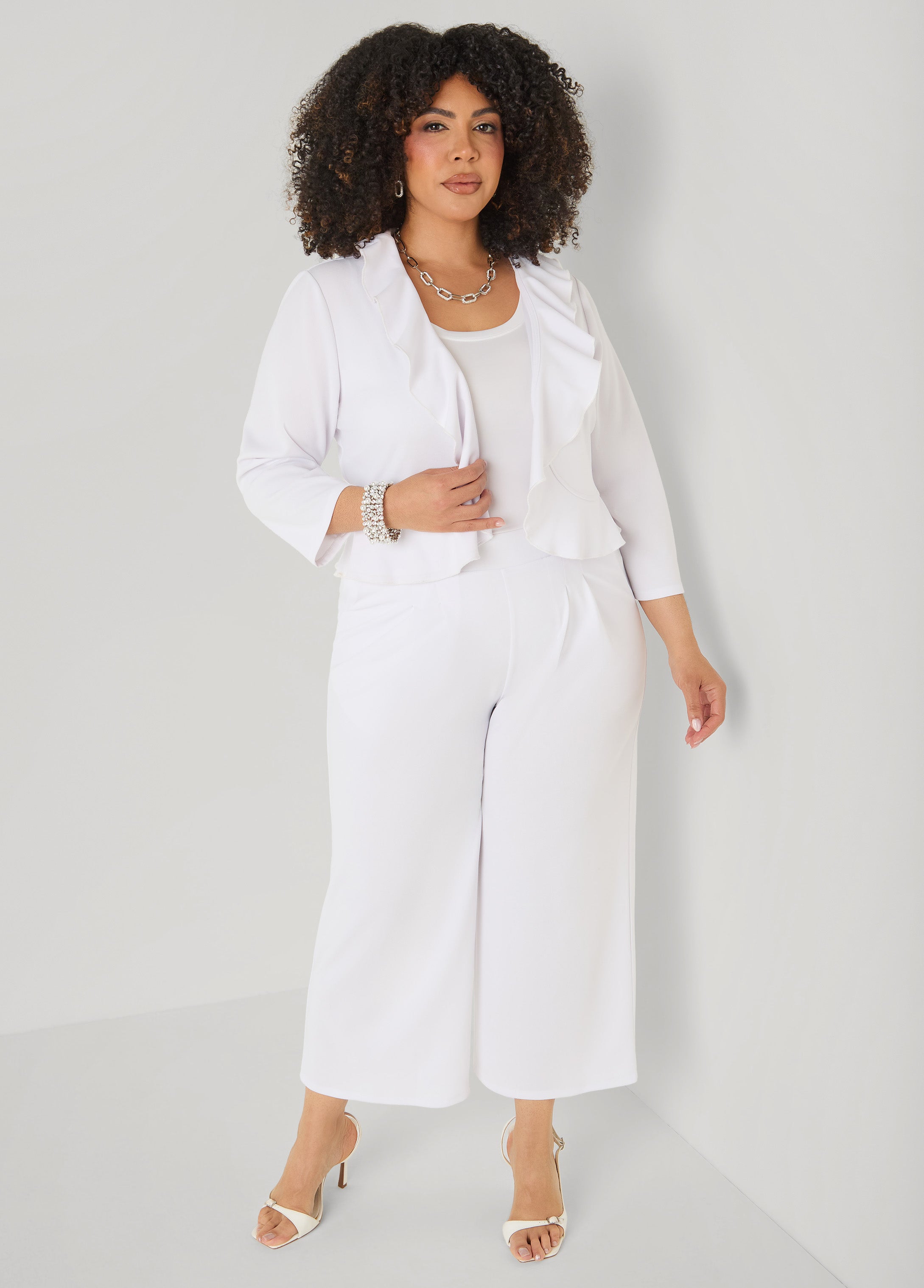 Ruffled Open Front Jacket White | Ashley Stewart