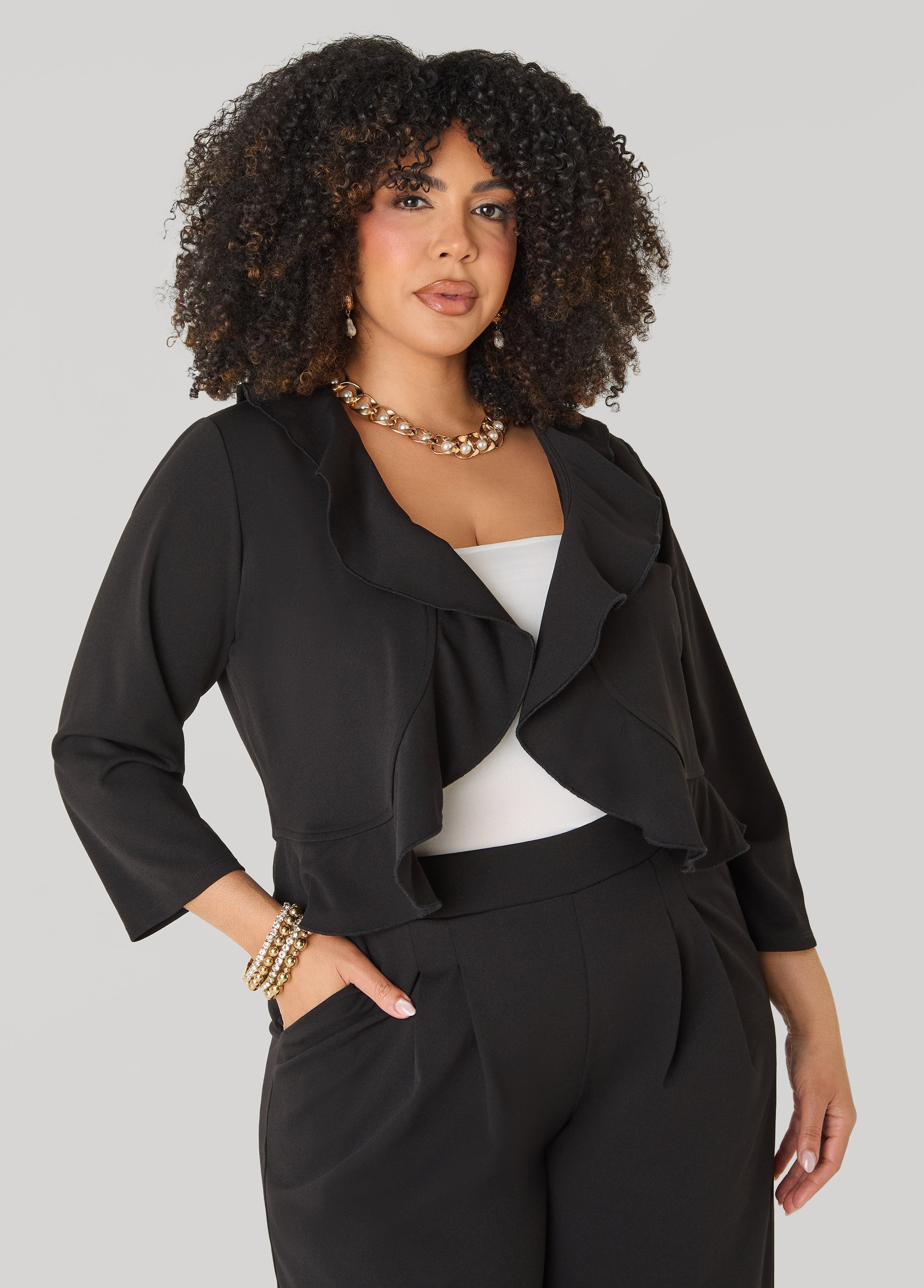 Ruffled Open Front Jacket White | Ashley Stewart