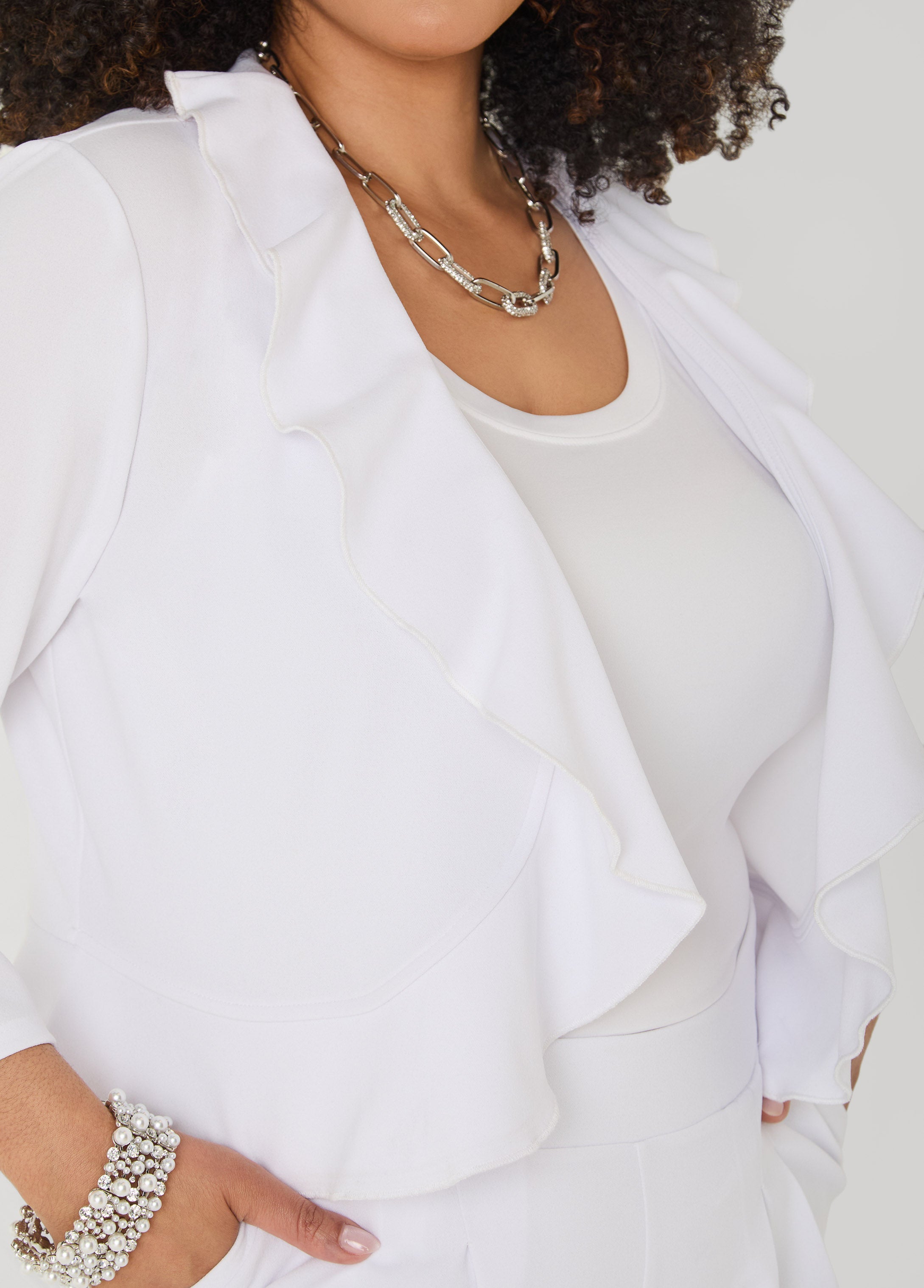 Ruffled Open Front Jacket White | Ashley Stewart