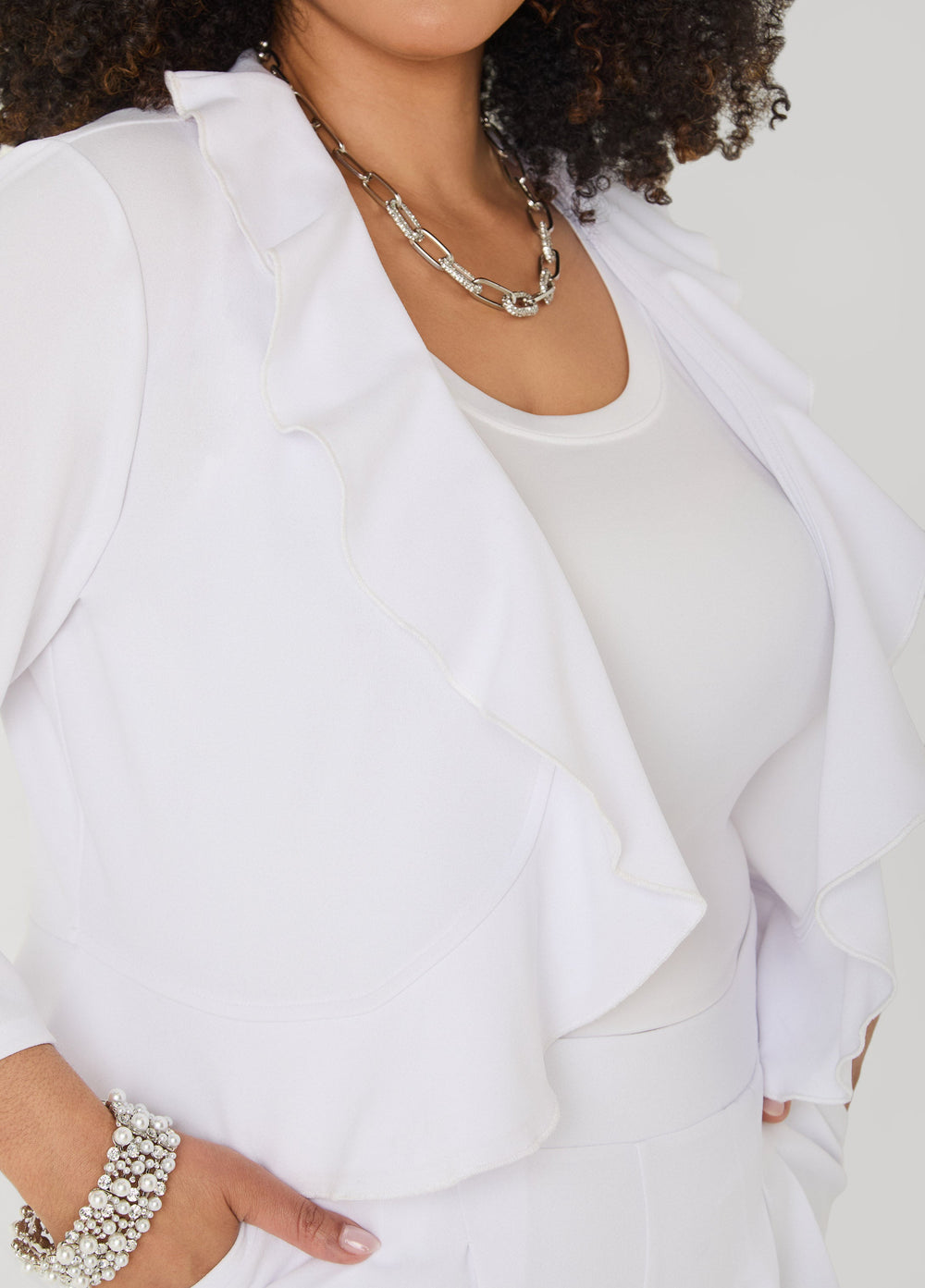 Ruffled Open Front Jacket White | Ashley Stewart