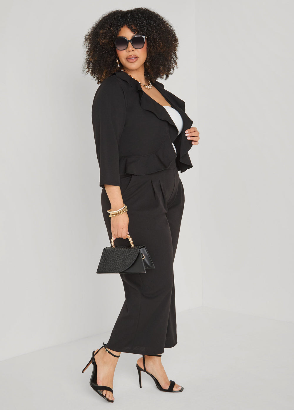 Ruffled Open Front Jacket White | Ashley Stewart