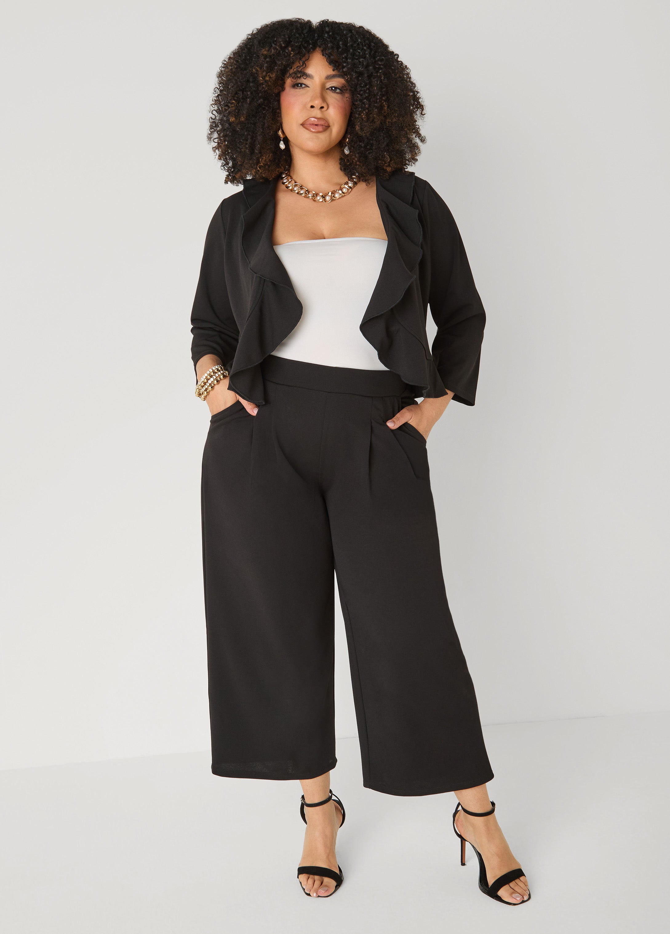 Ruffled Open Front Jacket White | Ashley Stewart