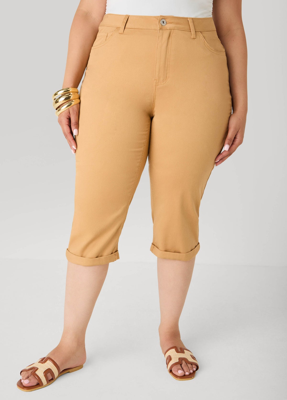 Cuffed Denim Capris Iced Coffee | Ashley Stewart