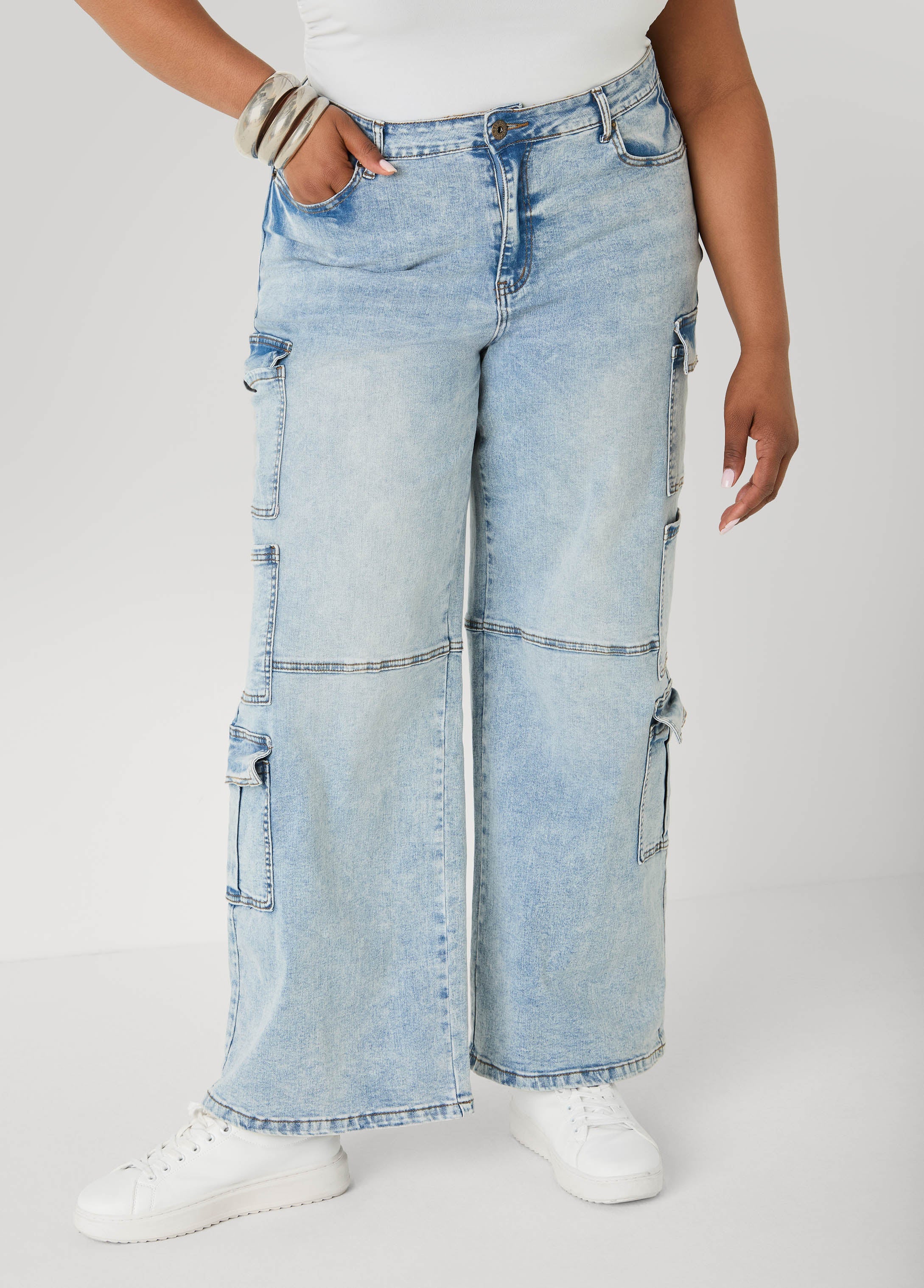 Acid Wash Cargo Jeans Medium Blue | Ashley Stewart