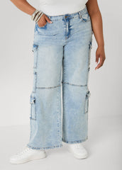 Acid Wash Cargo Jeans Medium Blue | Ashley Stewart