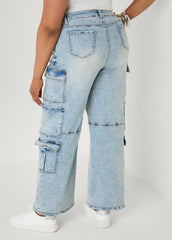 Acid Wash Cargo Jeans Medium Blue | Ashley Stewart