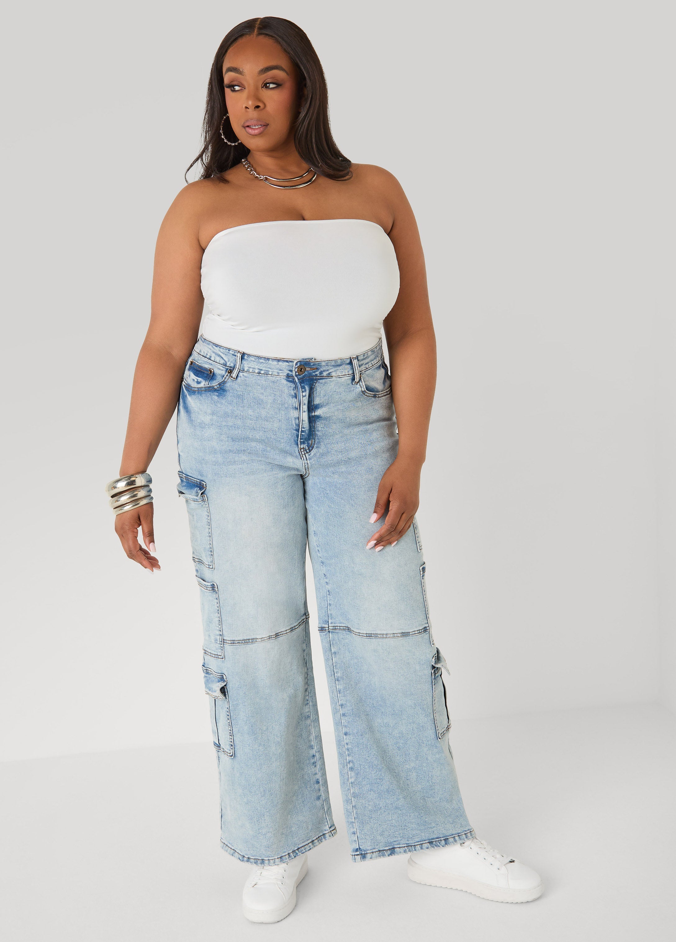 Acid Wash Cargo Jeans Medium Blue | Ashley Stewart