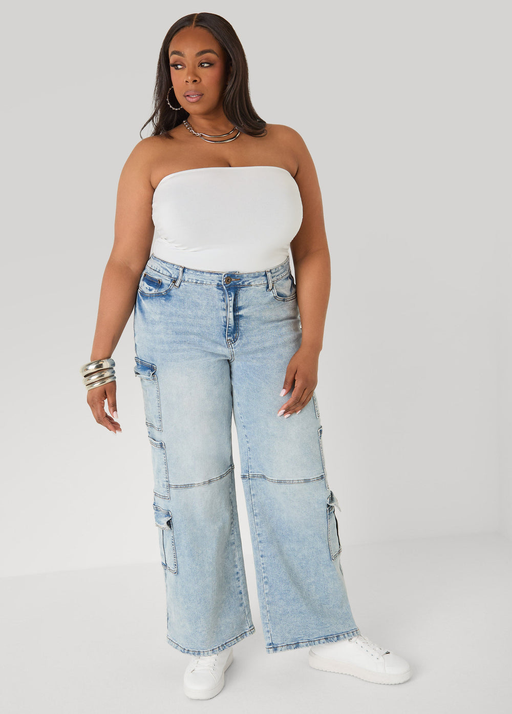 Acid Wash Cargo Jeans Medium Blue | Ashley Stewart