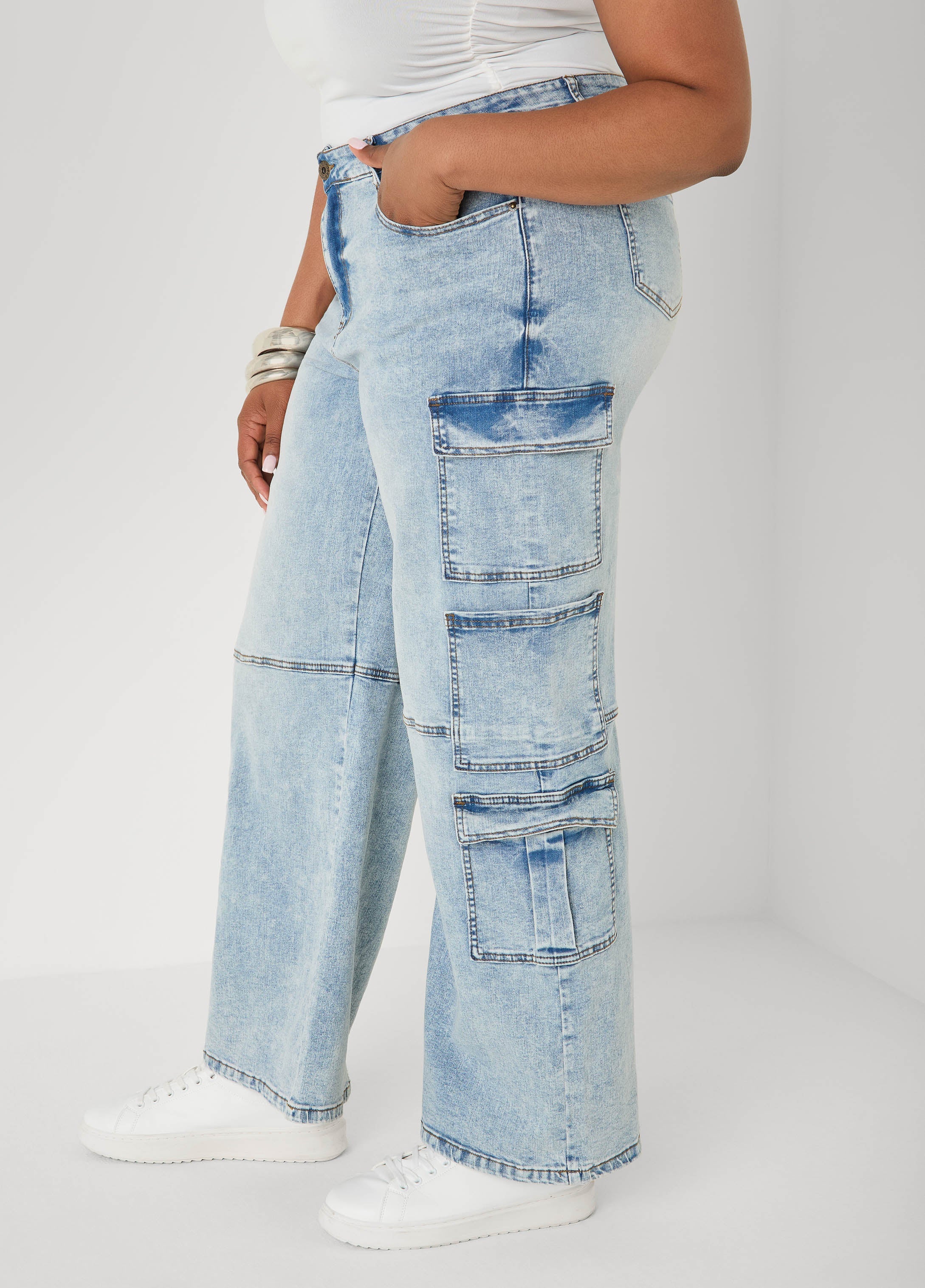 Acid Wash Cargo Jeans Medium Blue | Ashley Stewart