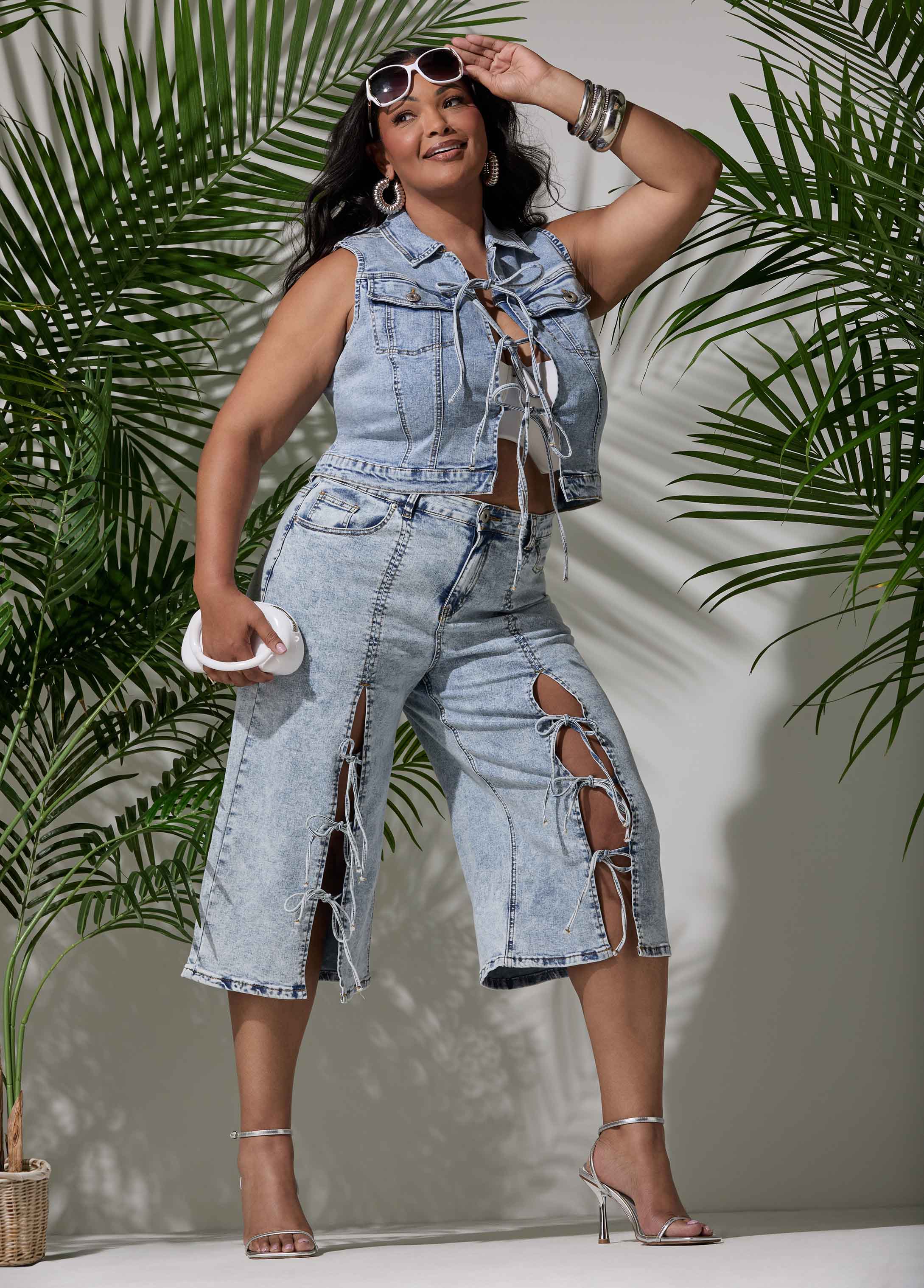 Tie Front Acid Wash Denim Capris Acid | Ashley Stewart