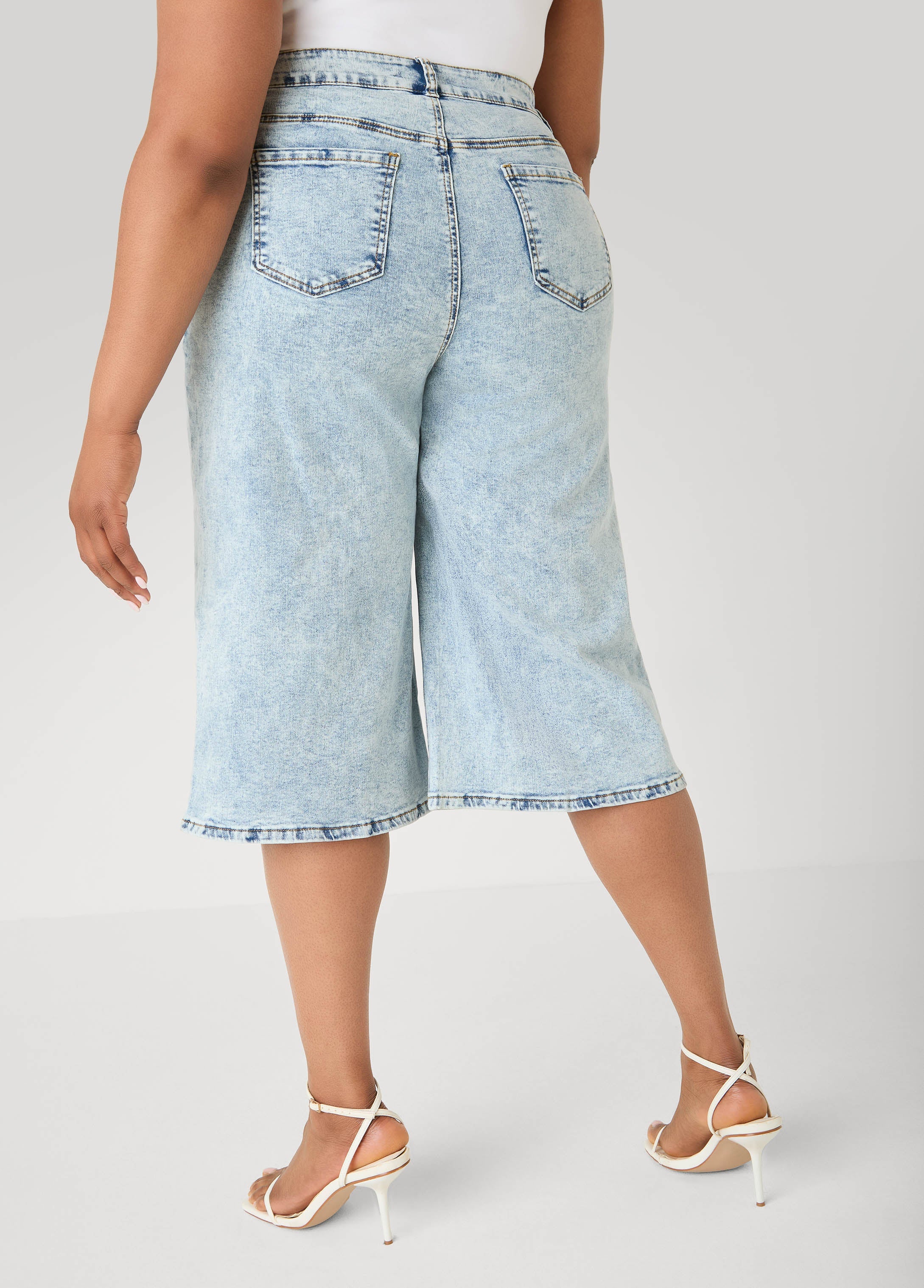 Tie Front Acid Wash Denim Capris Acid | Ashley Stewart
