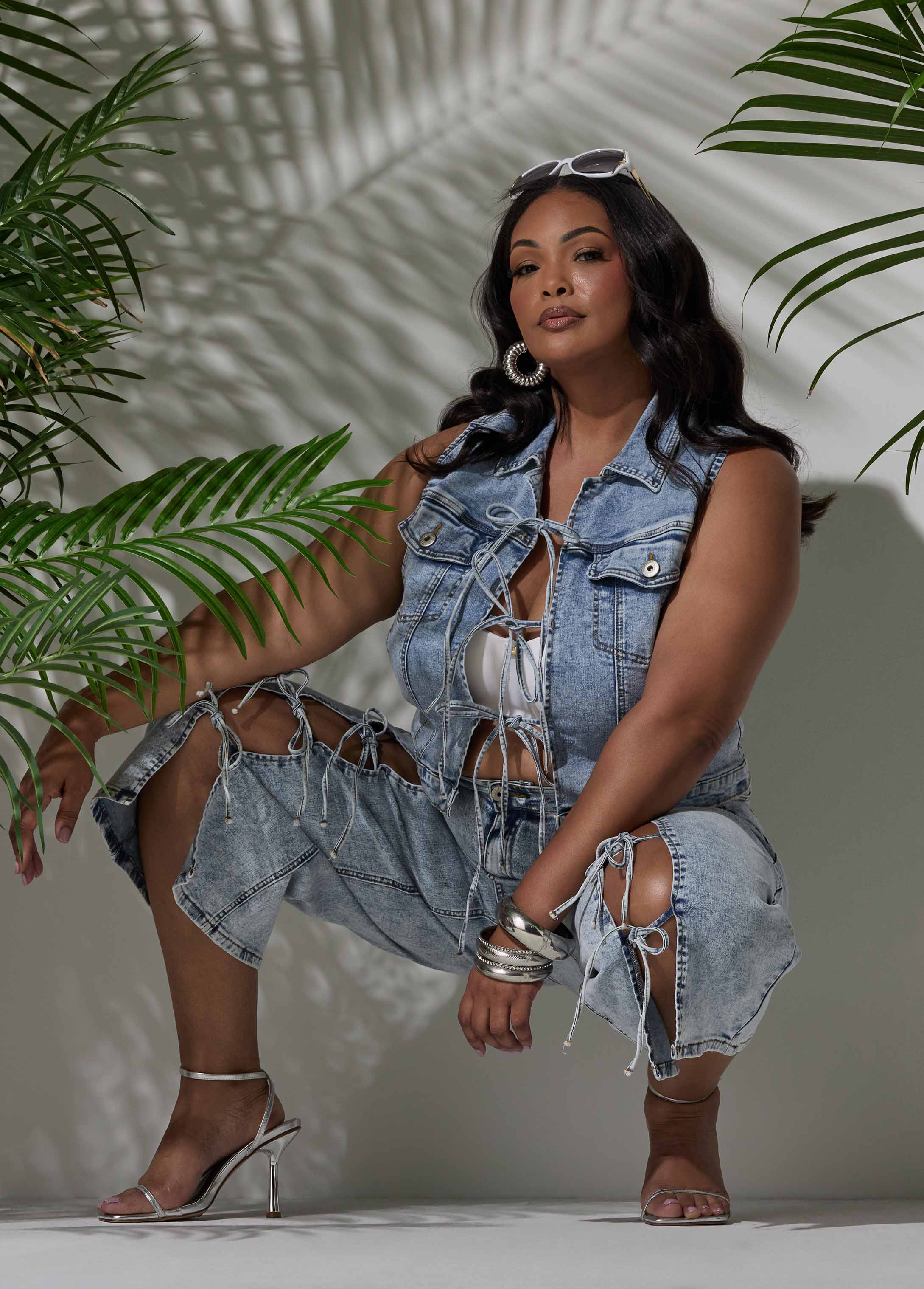 Tie Front Acid Wash Denim Capris Acid | Ashley Stewart