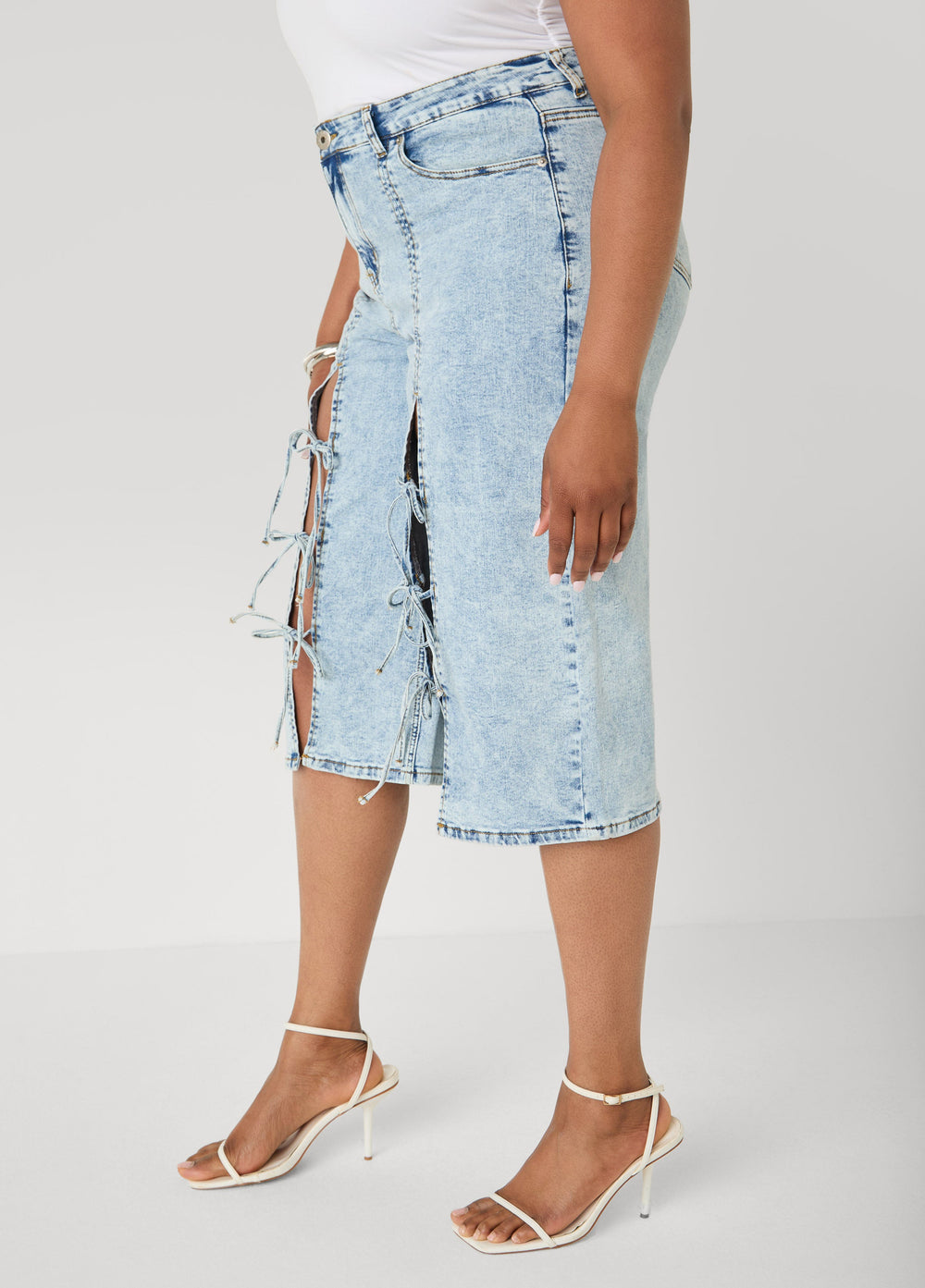 Tie Front Acid Wash Denim Capris Acid | Ashley Stewart