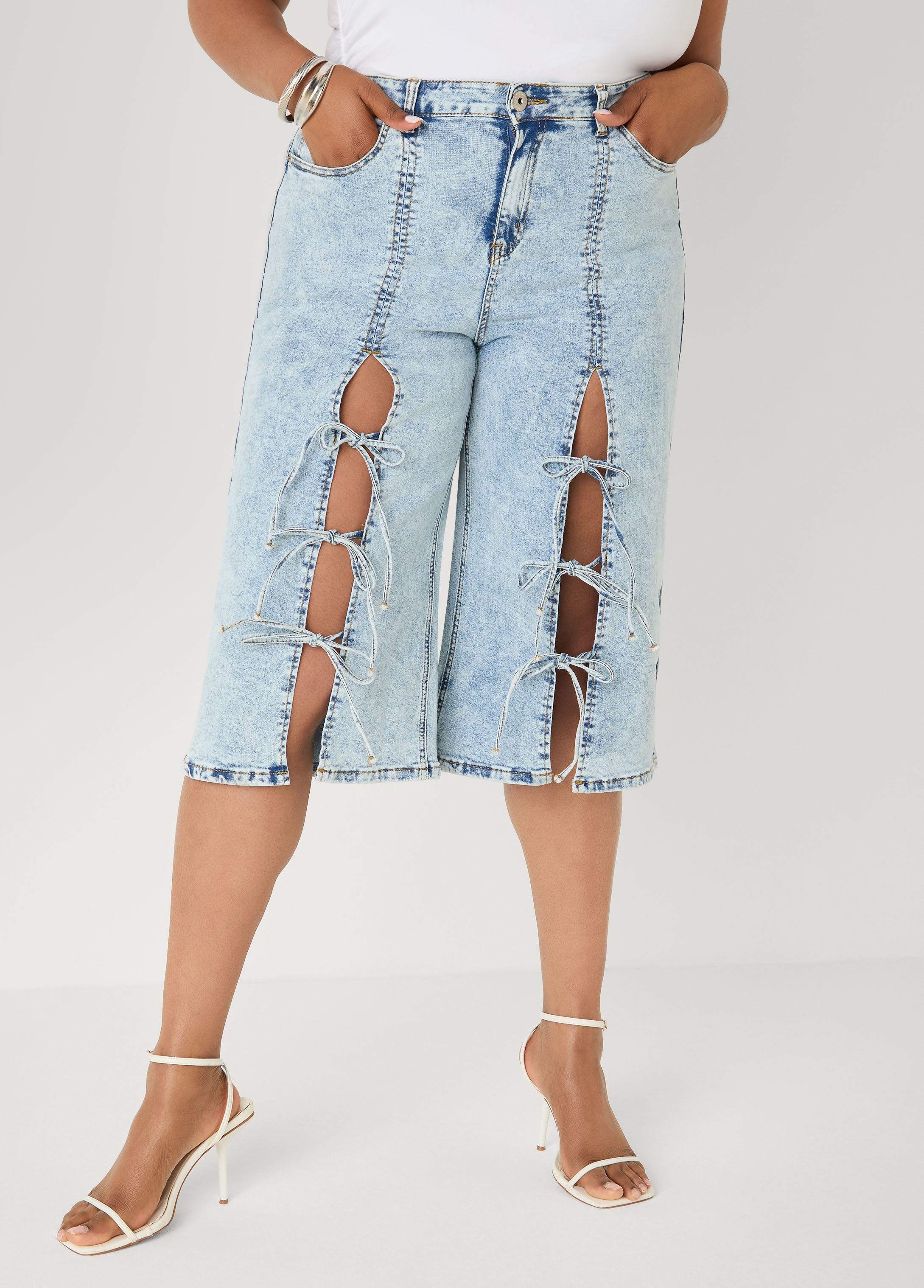Tie Front Acid Wash Denim Capris Acid | Ashley Stewart