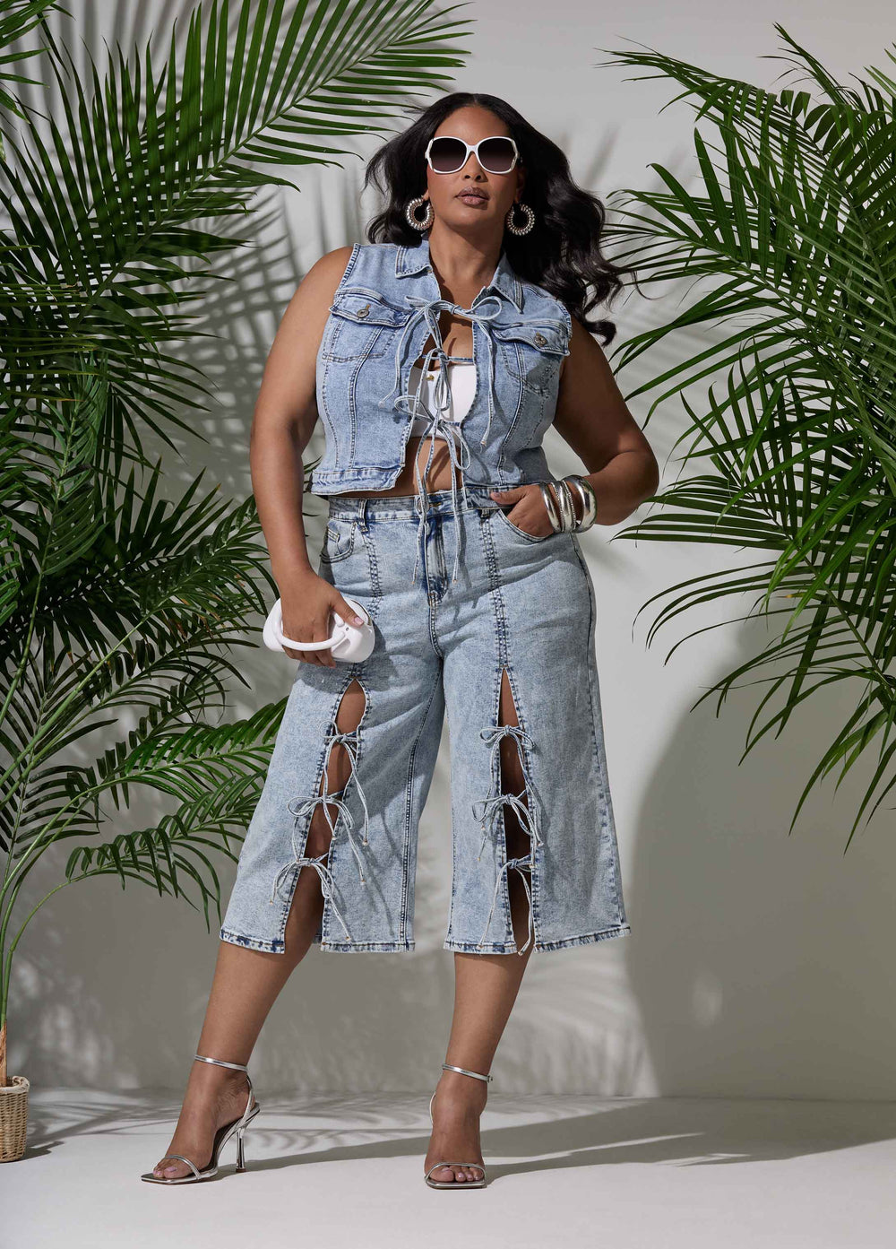 Tie Front Acid Wash Denim Capris Acid | Ashley Stewart