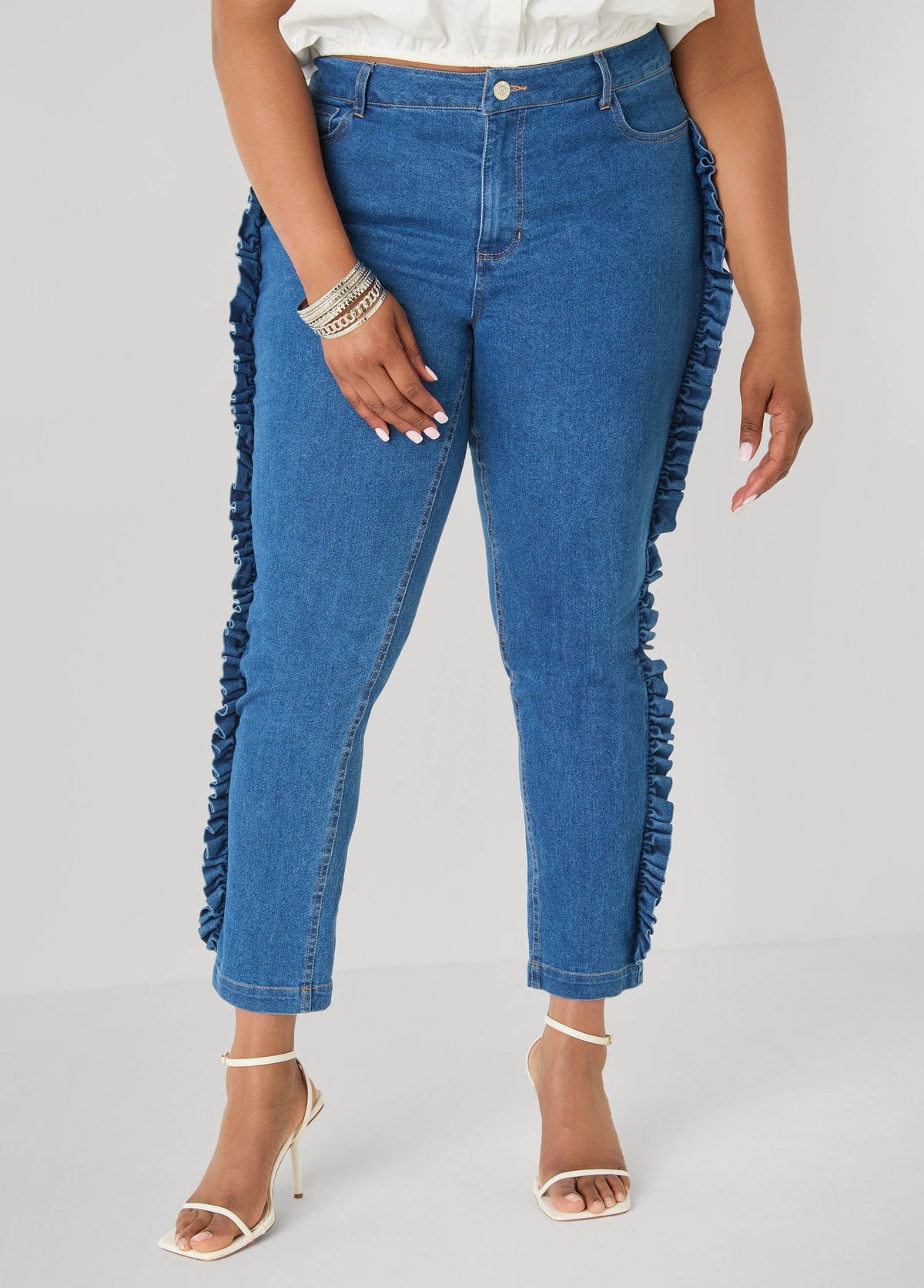 Ruffled Skinny Jeans Medium Blue | Ashley Stewart
