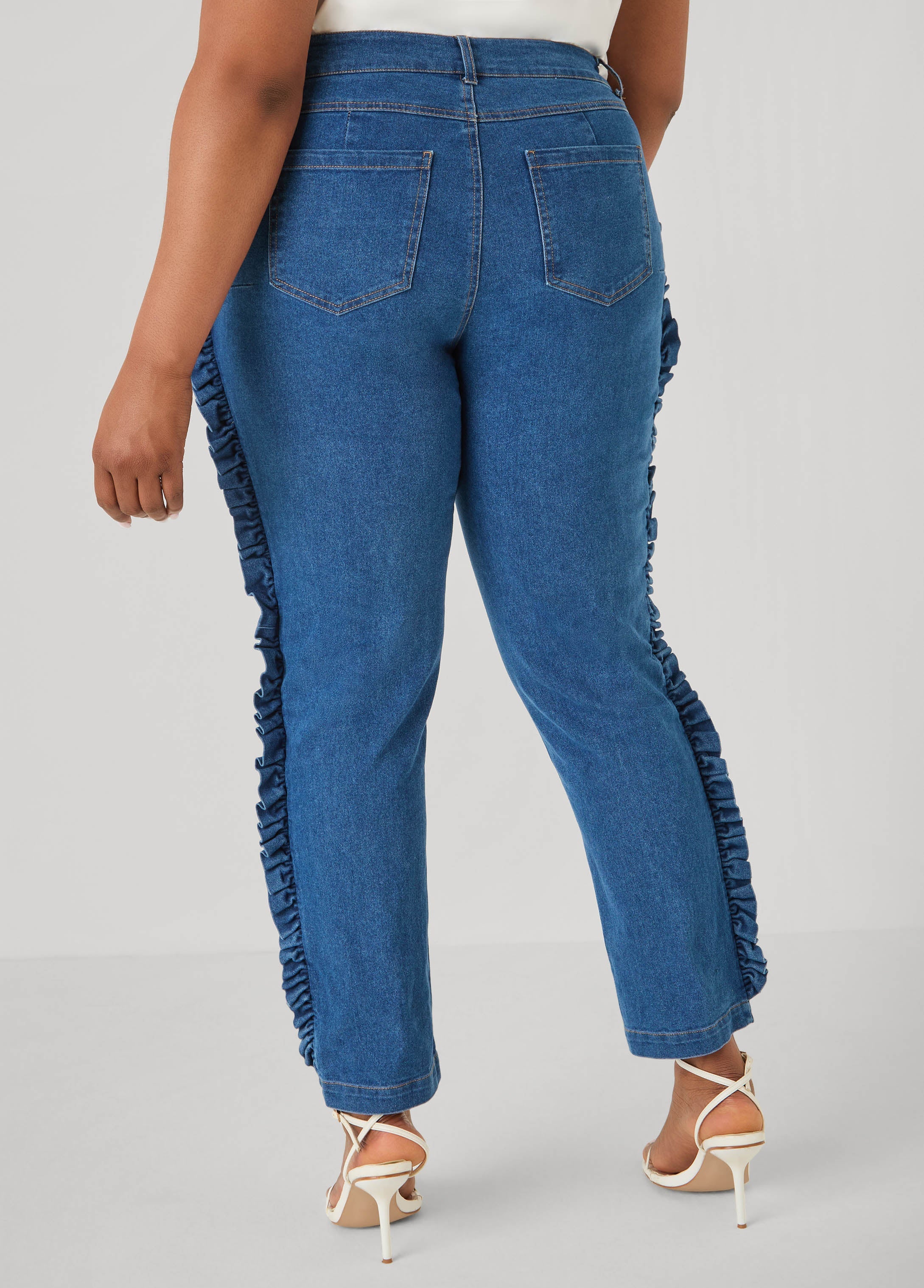 Ruffled Skinny Jeans Medium Blue | Ashley Stewart