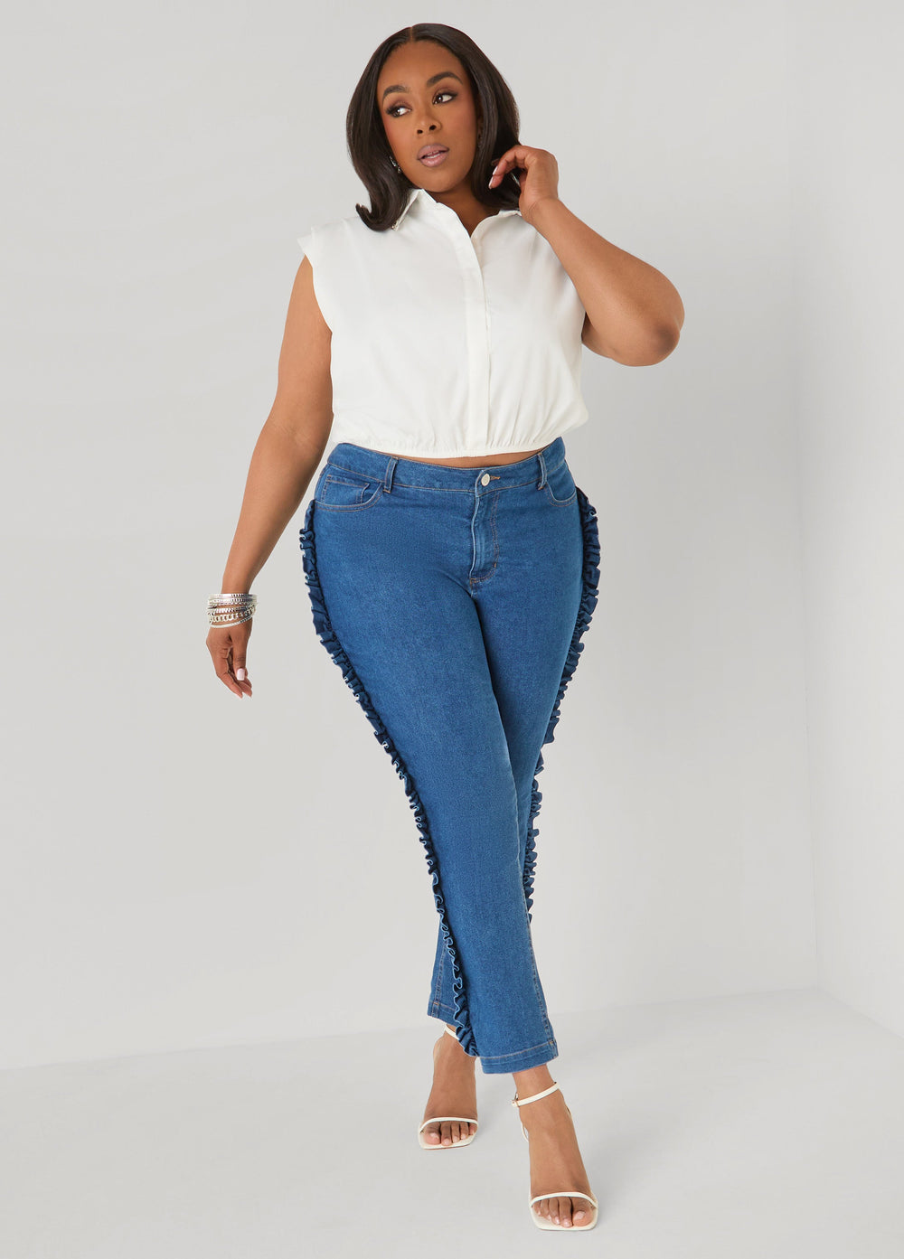 Ruffled Skinny Jeans Medium Blue | Ashley Stewart