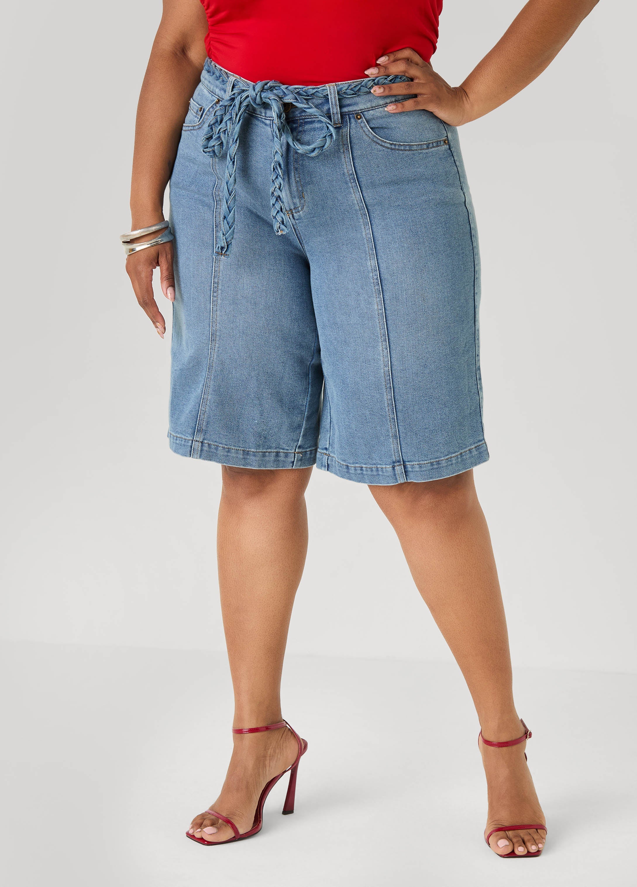 Braided Belt Bermuda Shorts Denim Blue | Ashley Stewart
