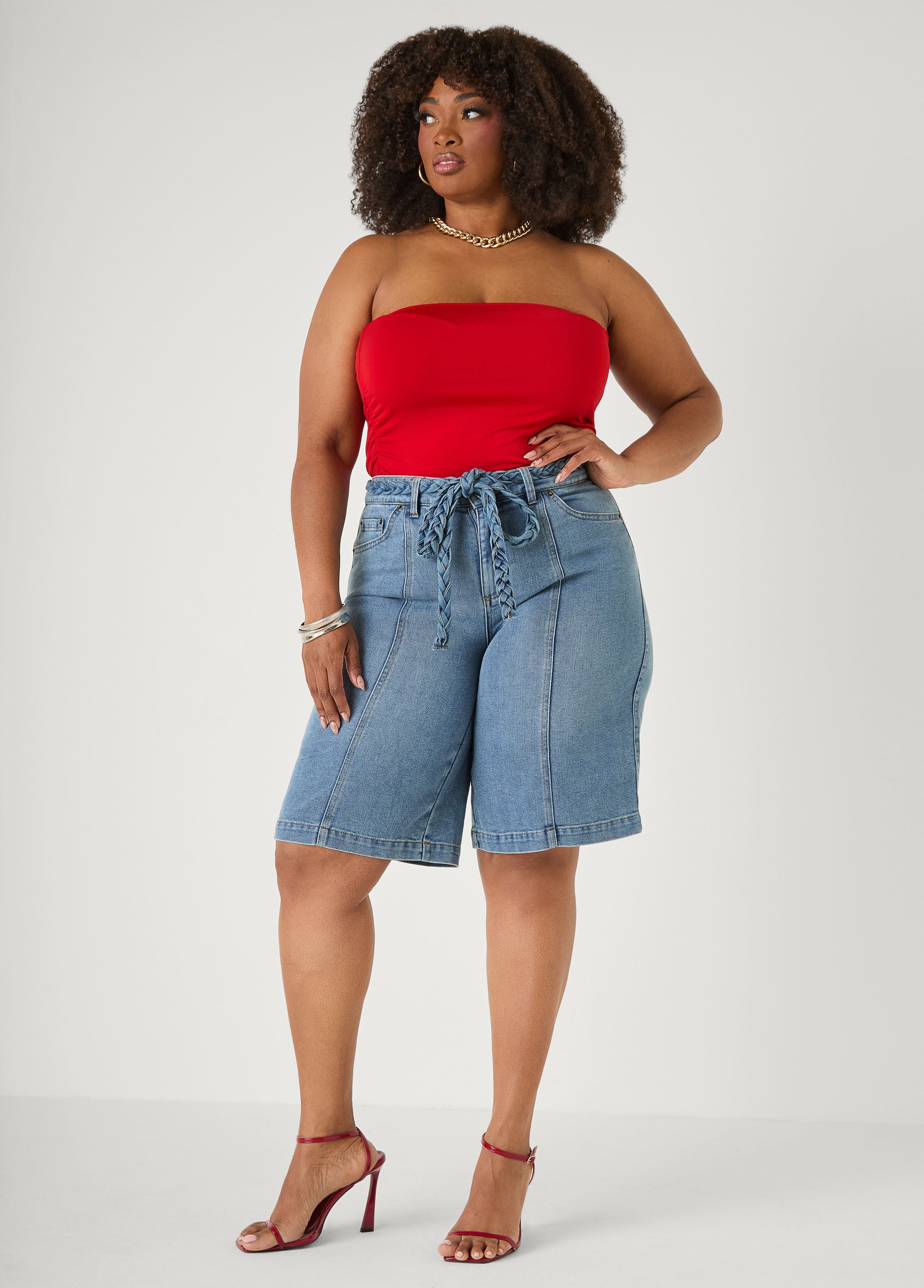 Braided Belt Bermuda Shorts Denim Blue | Ashley Stewart