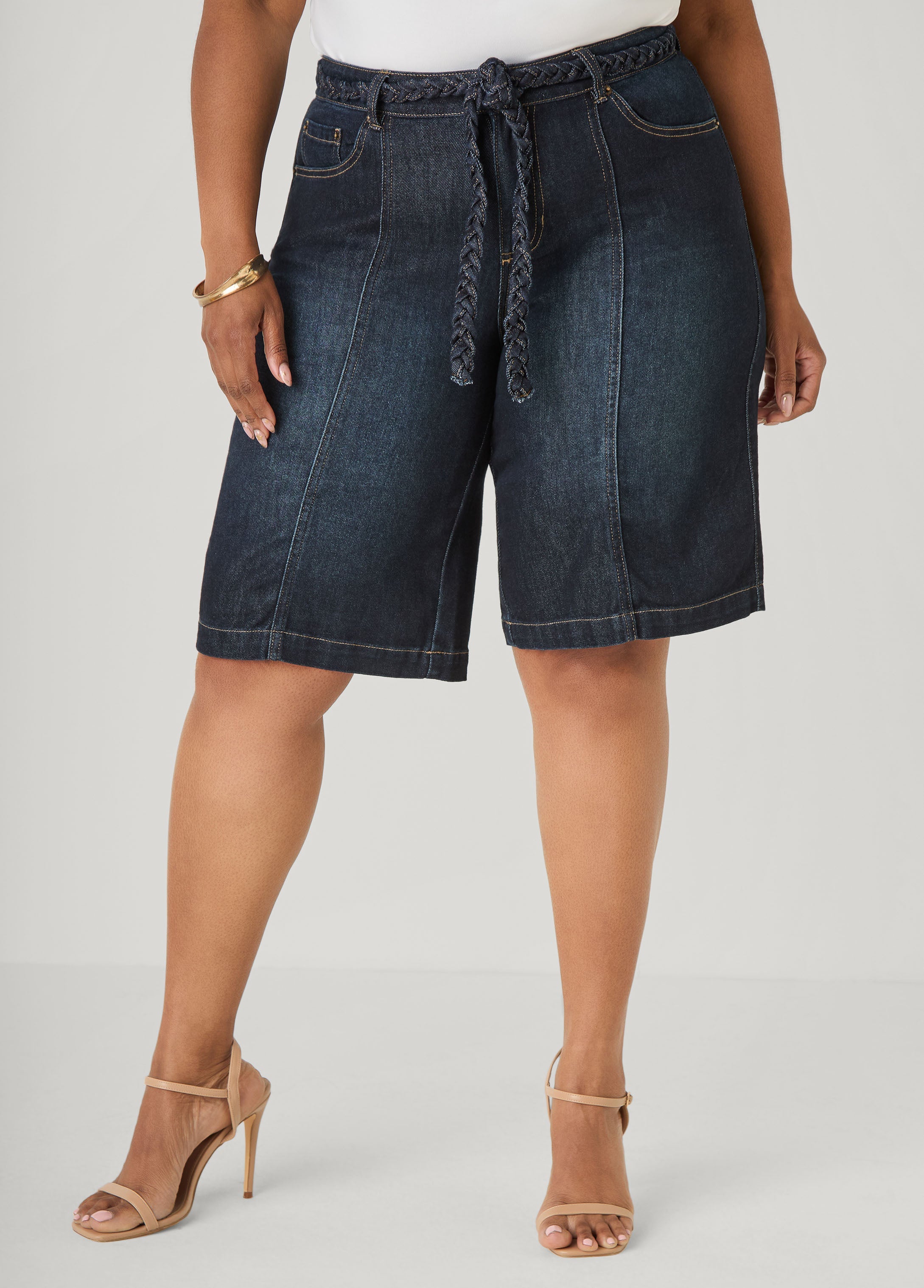 Braided Belt Bermuda Shorts Denim Blue | Ashley Stewart