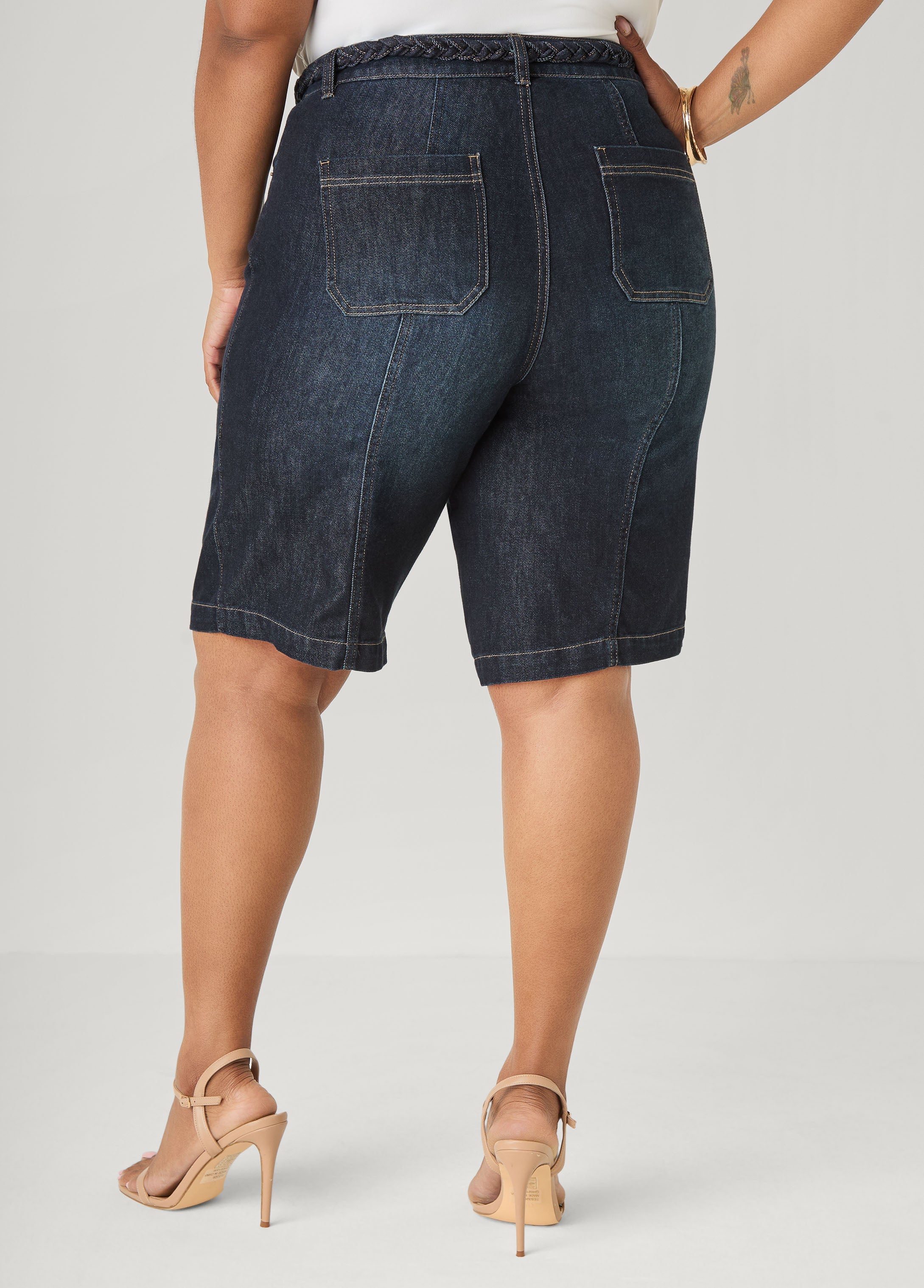 Braided Belt Bermuda Shorts Denim Blue | Ashley Stewart