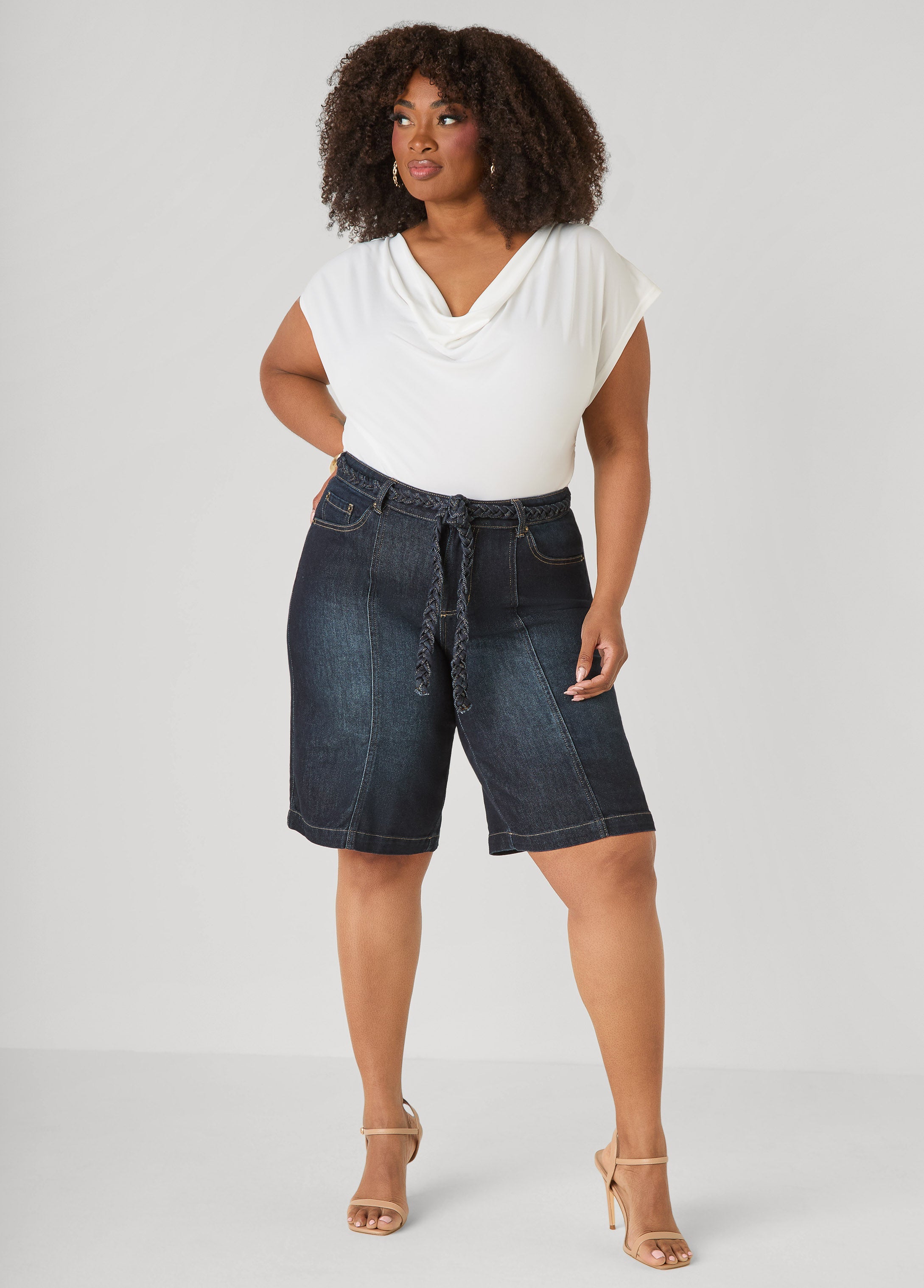 Braided Belt Bermuda Shorts Denim Blue | Ashley Stewart