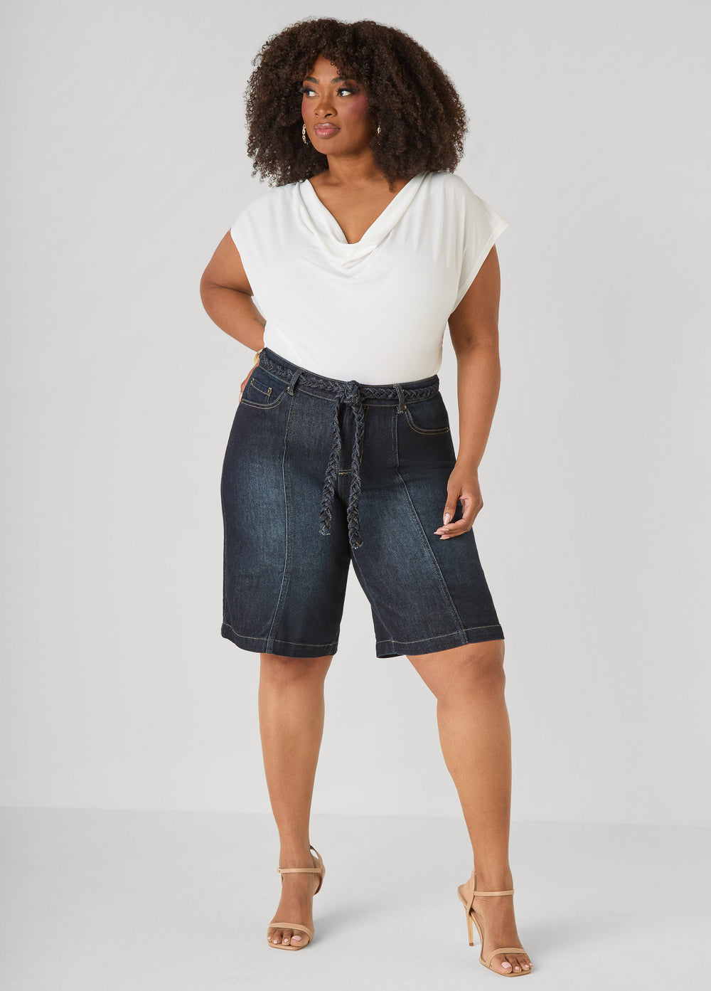 Braided Belt Bermuda Shorts Denim Blue | Ashley Stewart
