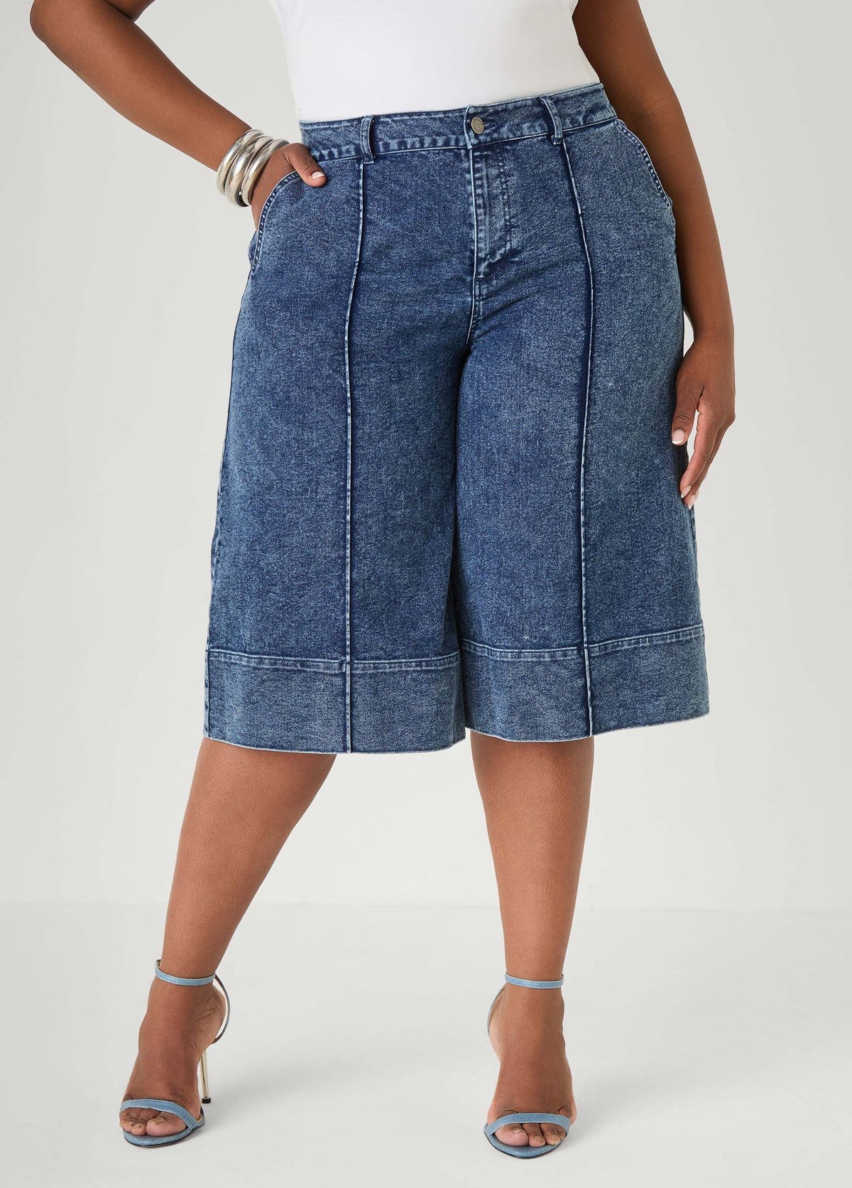 Pintucked Stonewash Denim Capris Dk Rinse | Ashley Stewart