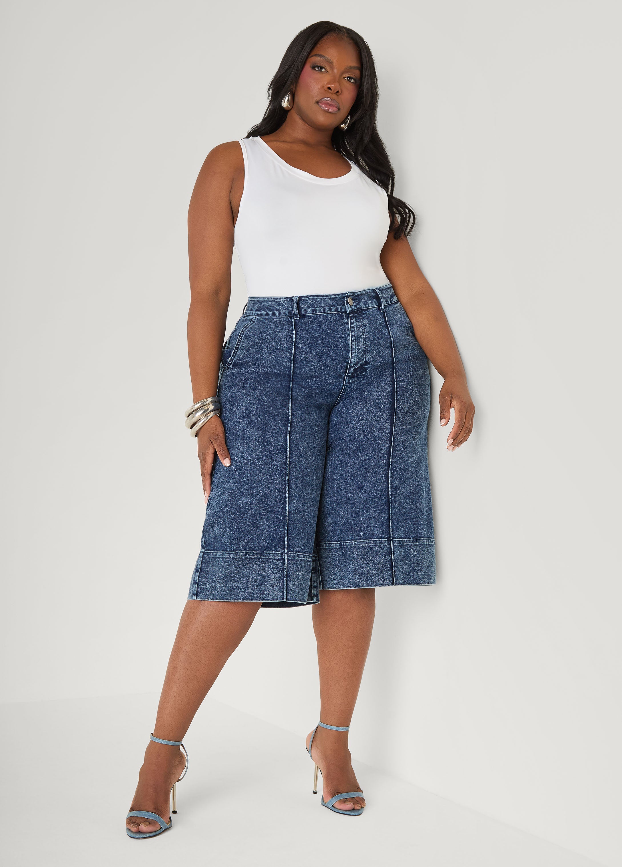 Pintucked Stonewash Denim Capris Dk Rinse | Ashley Stewart